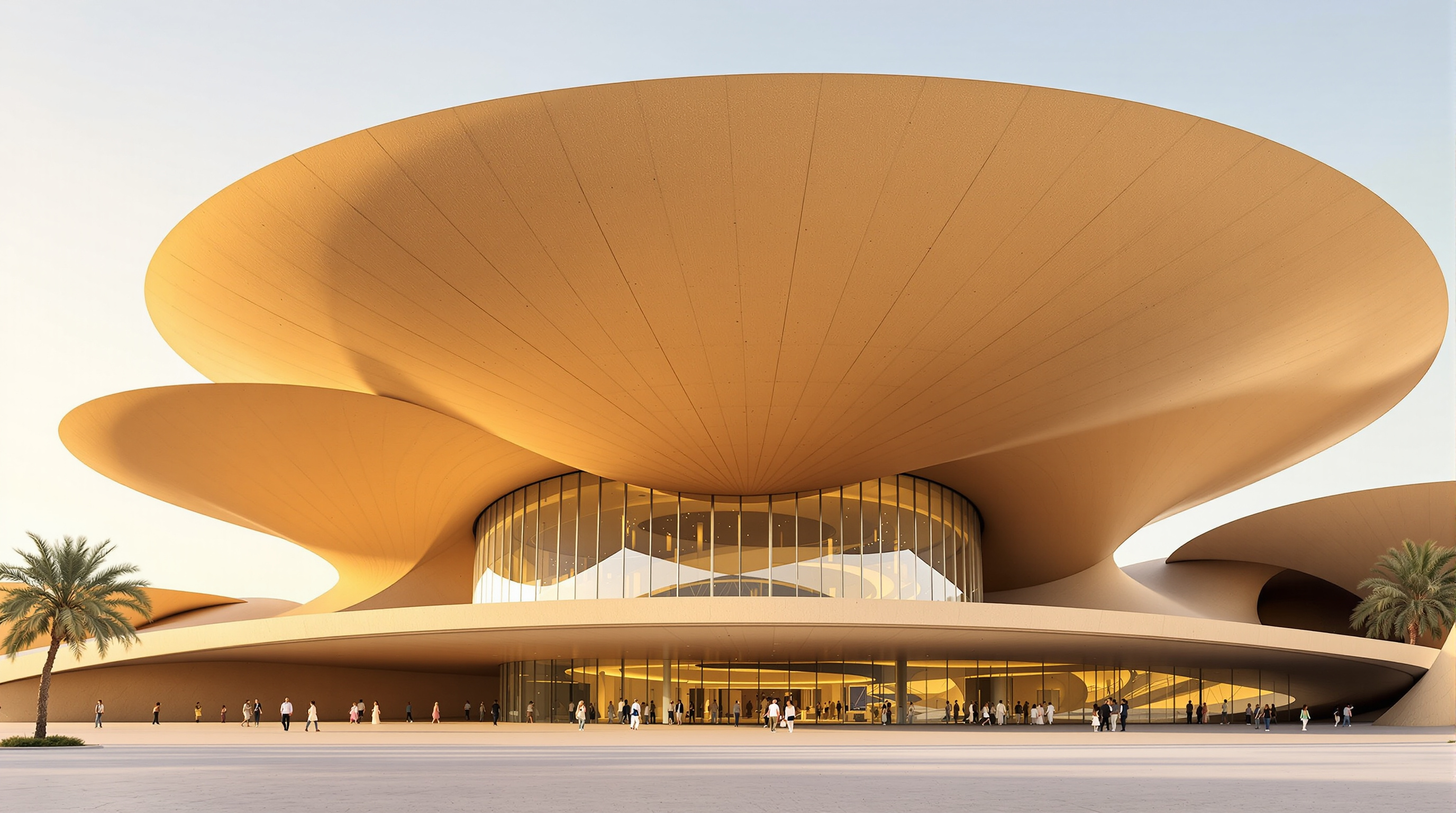 The dramatic cantilevered disks of the National Museum of Qatar reaching out over the main entrance canopy, their curved sand-coloured undersides sheltering visitors from the sun, with people walking beneath for scale