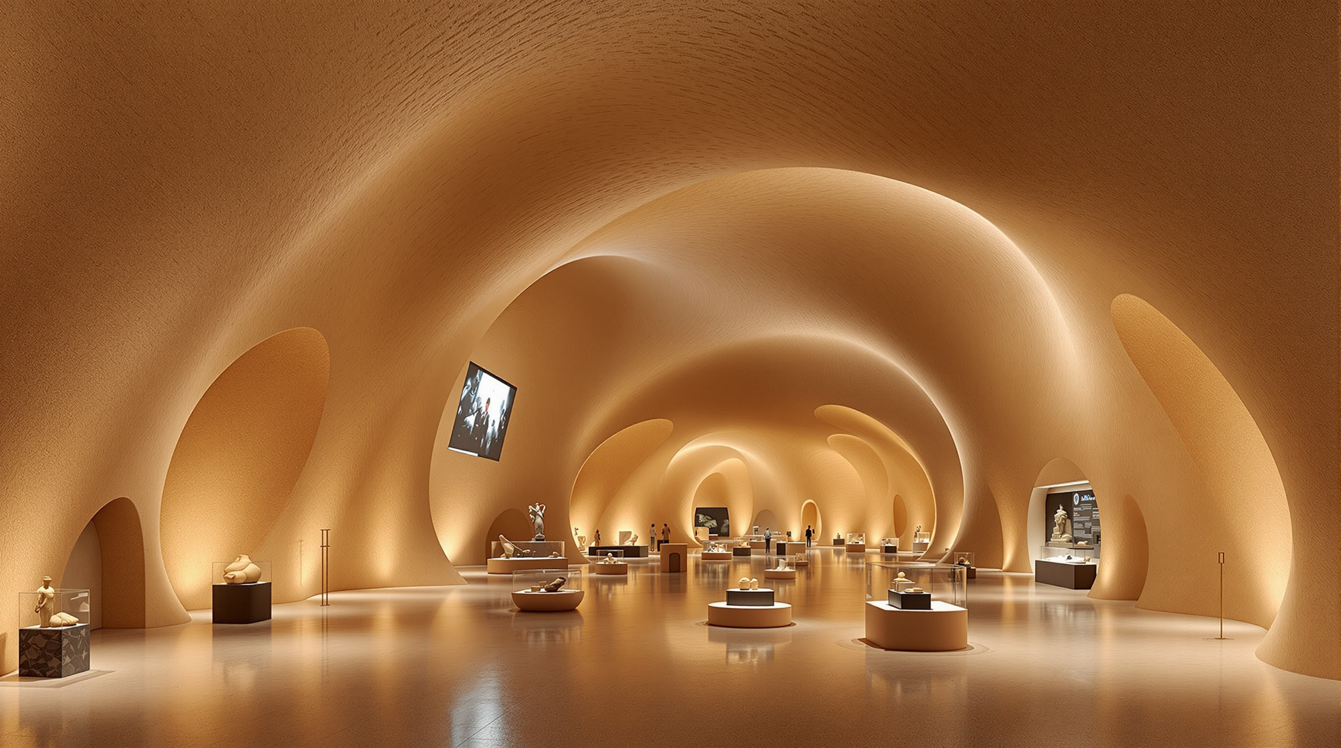 Interior gallery of the National Museum of Qatar, with tilting sand-coloured disk walls and ceilings meeting at odd angles, large-format film projected across the curved surfaces, and museum objects displayed along the continuous winding route