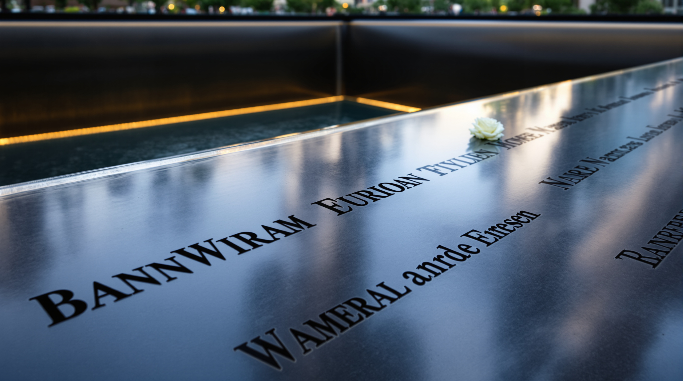 Close view of the bronze parapet at the rim of one memorial pool: victims' names cut cleanly through the dark bronze so daylight and, at night, light glows through each letter, a single white rose placed in one name, the sheet of water falling behind