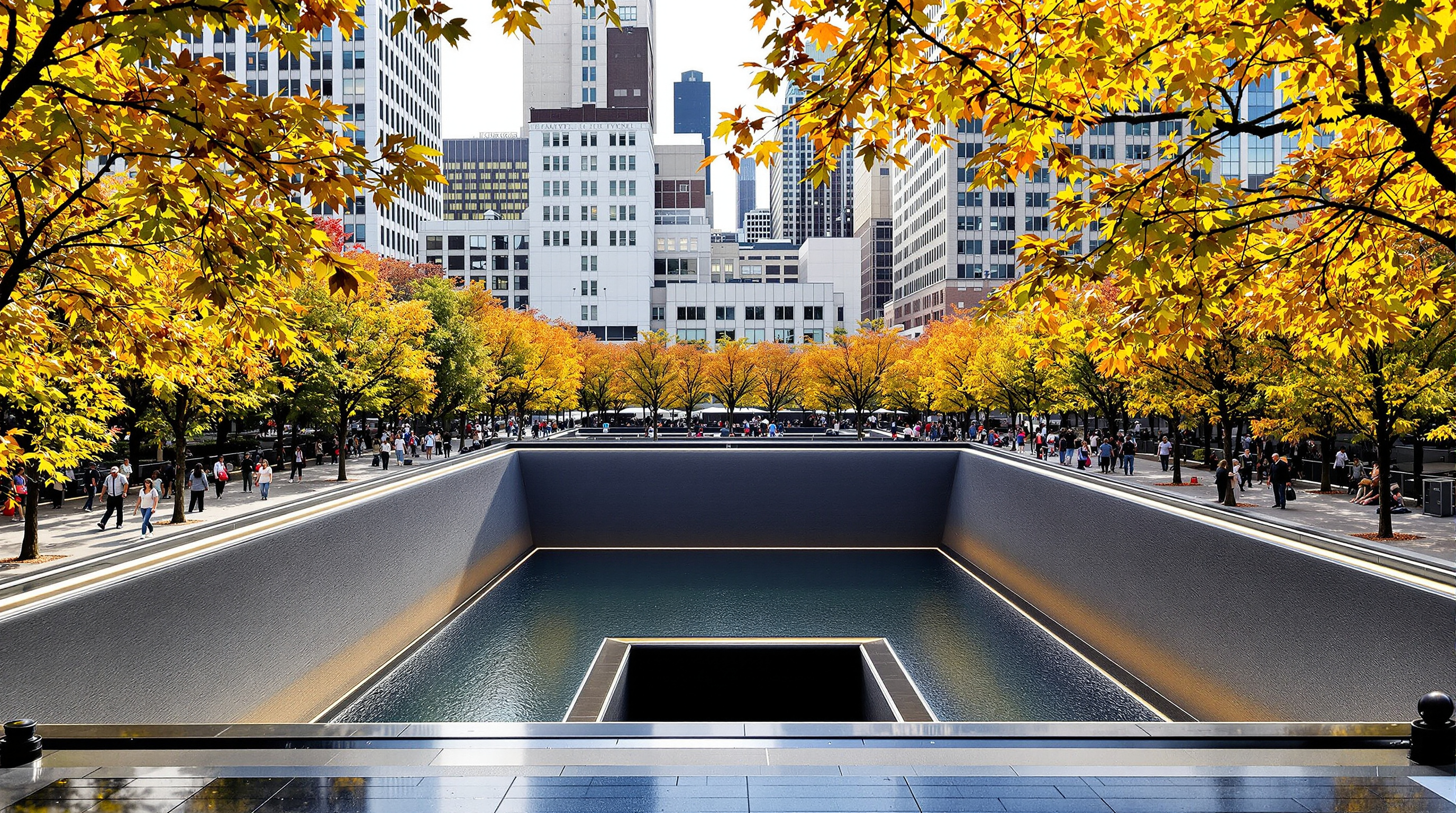 The plaza of the September 11 Memorial in autumn: hundreds of swamp white oak trees in orderly rows casting dappled light over granite paving, visitors walking quietly between the trees toward the dark rim of a pool, the surrounding towers of Lower Manhattan rising beyond