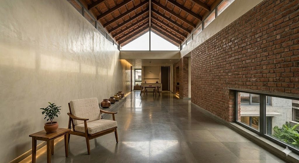 Contemporary Indian living room lit by a high clerestory slot, the side wall in lime plaster catching reflected daylight, polished Kota stone floor in warm grey, a single armchair in foreground, soft north-facing morning light — illustrating how a high aperture delivers daylight deep into a room without west or east heat gain