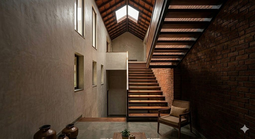Double-height stairwell in an Indian home with a tall slot window bathing the timber stair treads in directional sunlight, deep shadow on the opposite wall, exposed brick texture, and a strong vertical light shaft — illustrating the toplighting strategy of admitting daylight through the upper envelope into the section below