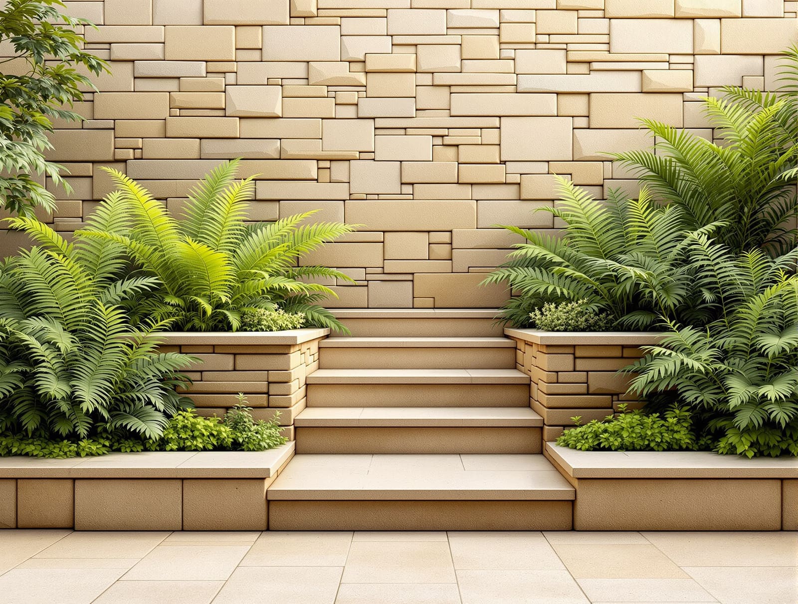 A natural stone-clad boundary wall and stone steps flanked by planting in an Indian garden