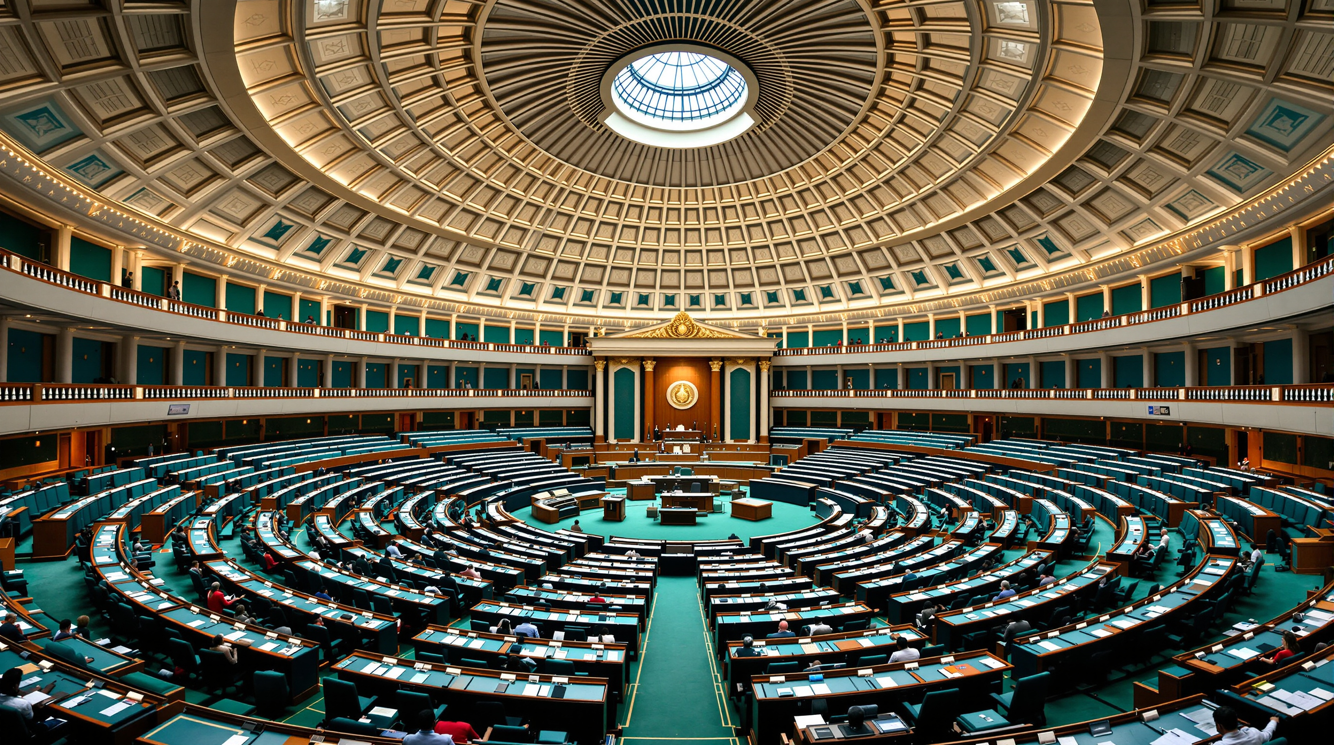 The blue-green Lok Sabha chamber of the New Parliament, a vast peacock-themed hall with tiered curved desks fanning out below a coffered ceiling and a large central skylight