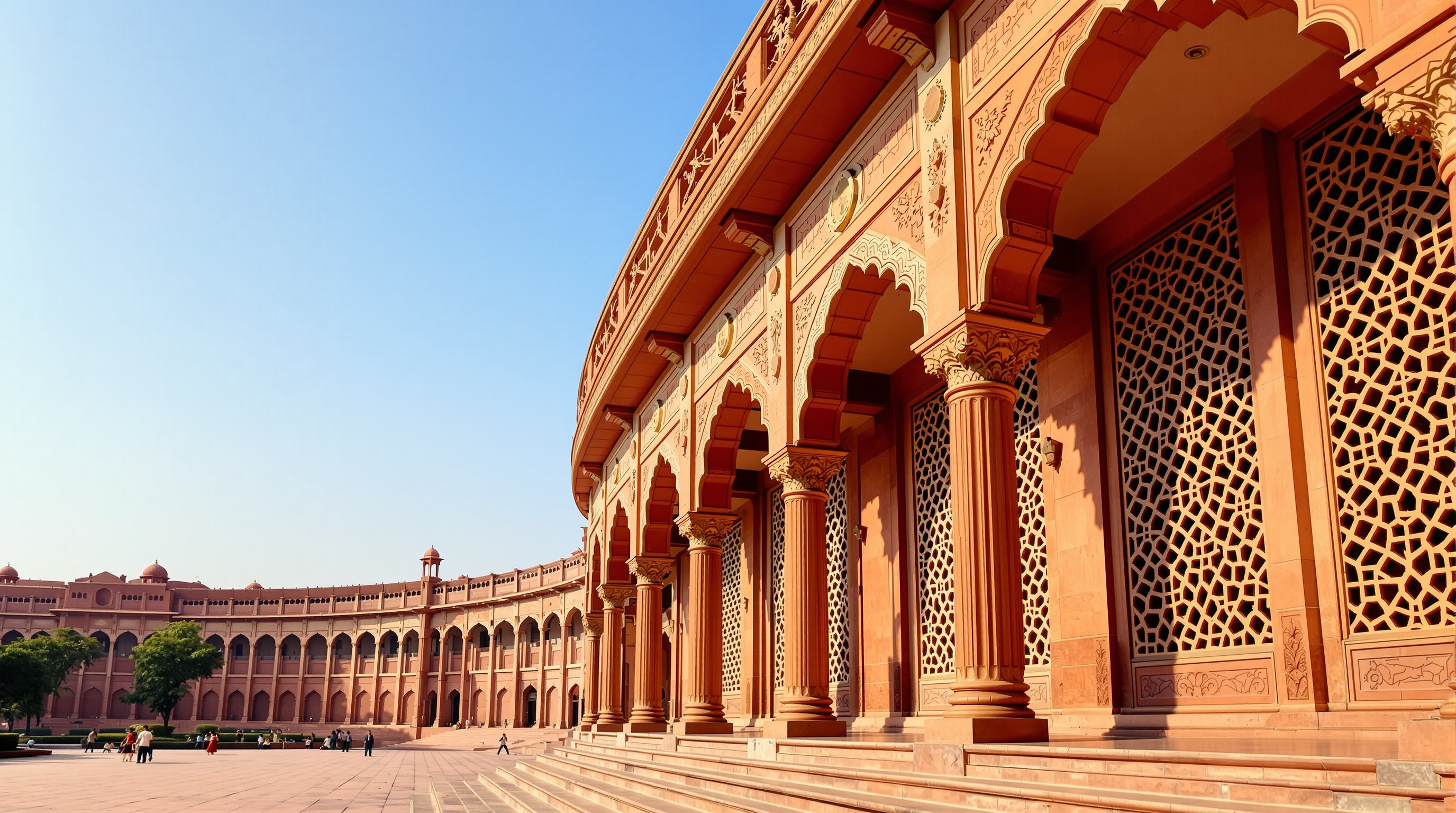 A carved red-sandstone colonnade and pierced stone jaali screen along the exterior of the New Parliament, casting geometric shadows, with Indian craft motifs worked into the facade
