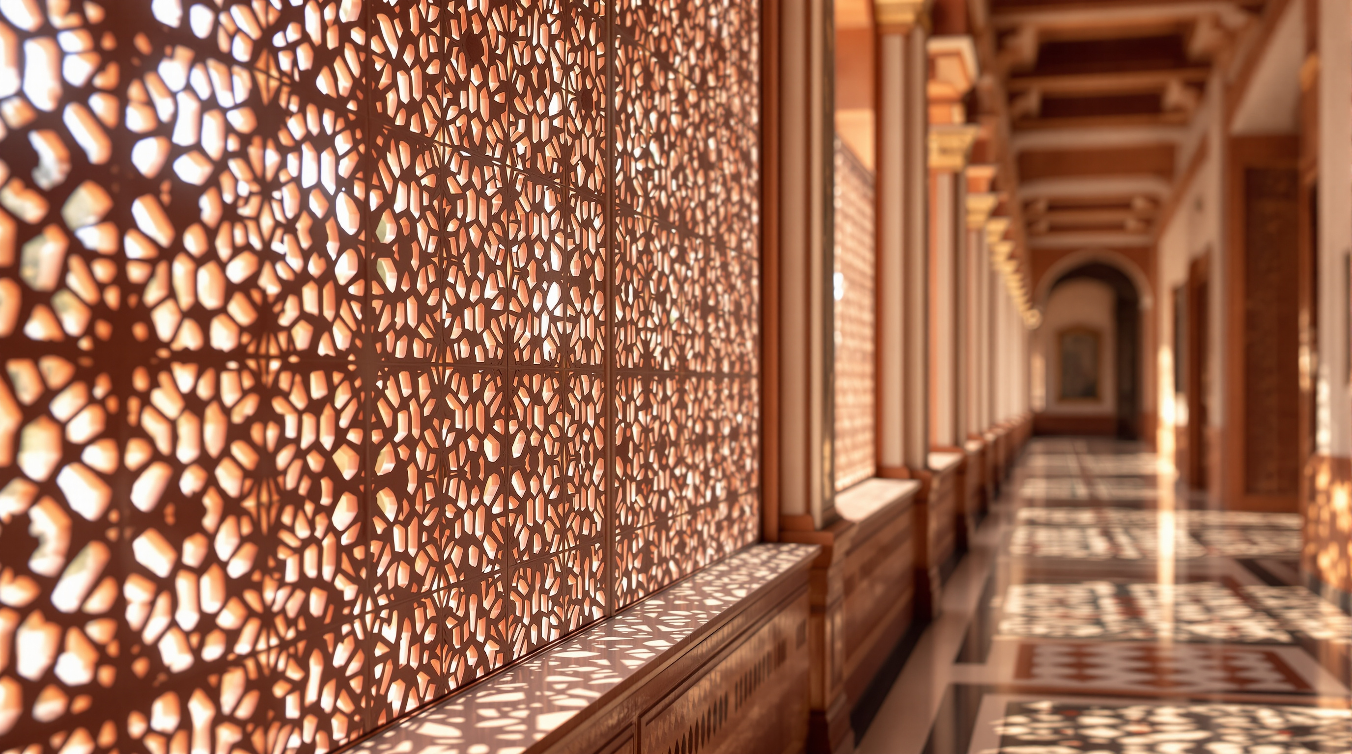 A detailed view of the pierced red sandstone jaali lattice screen on the New Parliament facade, sunlight throwing intricate geometric shadow patterns across a stone-floored interior corridor lined with teak