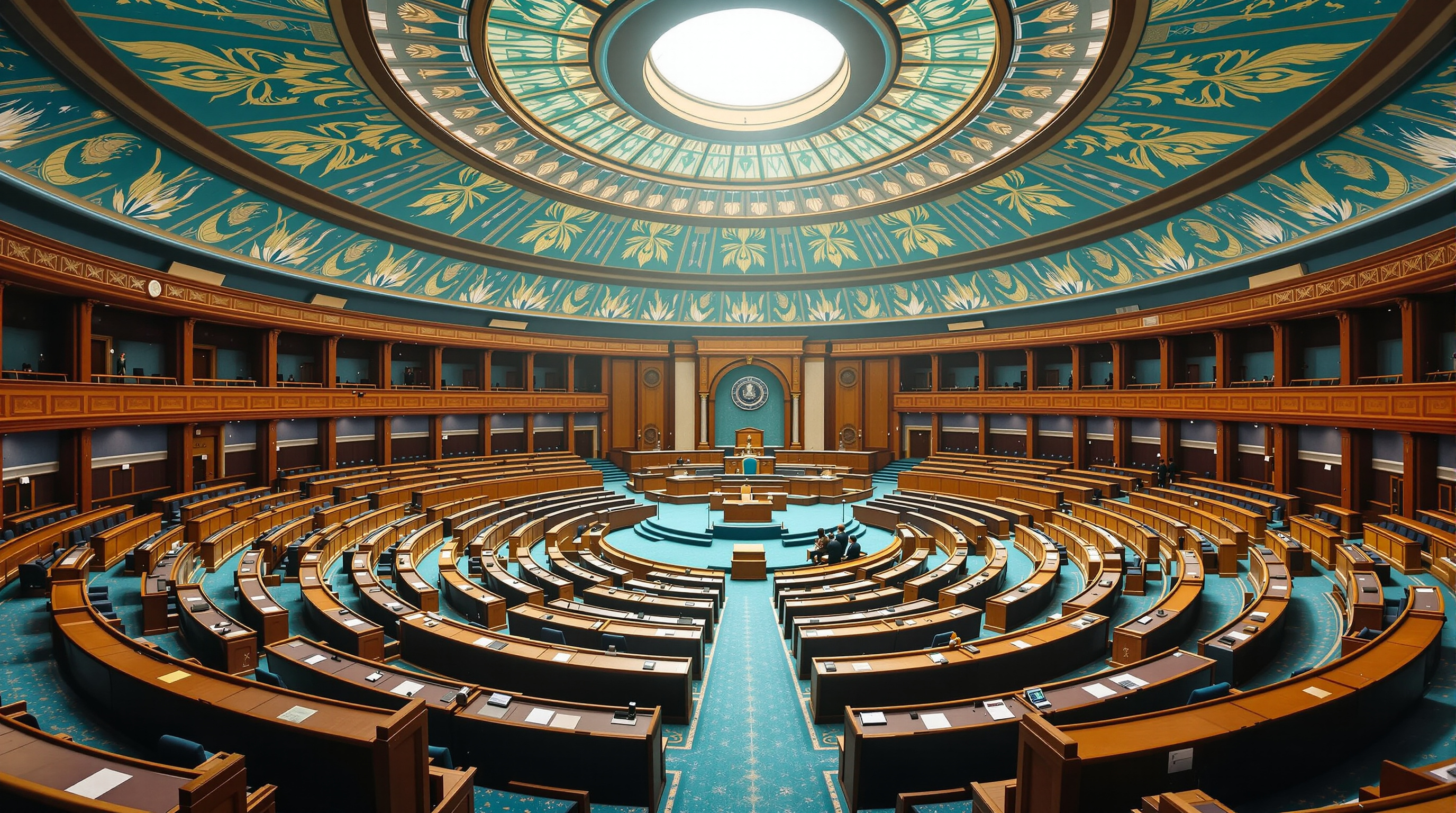 The blue-green Lok Sabha chamber of the New Parliament of India, its ceiling and carpet patterned with stylised peacock motifs, curved tiers of member desks descending toward the Speaker's chair beneath a wide skylight