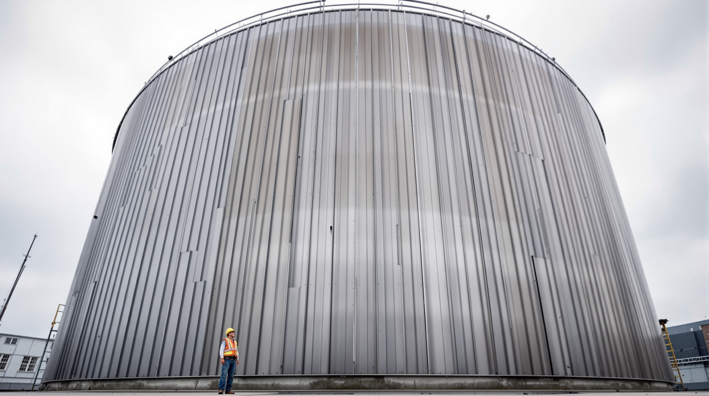 A worker in a hard hat standing at the base of one enormous stainless-steel digester egg at Newtown Creek, dwarfed by the curved metallic wall rising overhead, the vertical batten seams of the cladding sweeping up toward the sky on an overcast Brooklyn day