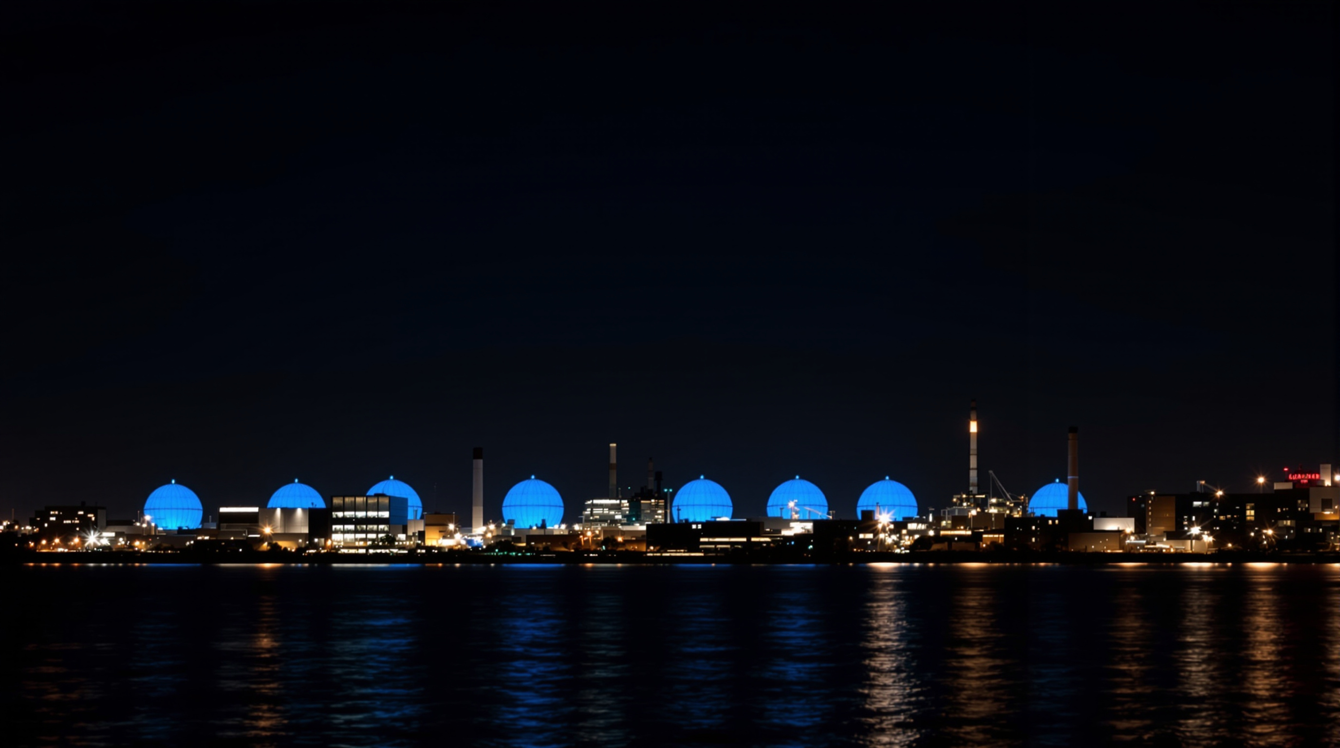 Nighttime view across the East River toward Greenpoint, the eight Newtown Creek digester eggs glowing luminous blue on the horizon, their reflections shimmering on the dark water while the low industrial skyline of Brooklyn spreads out beneath them