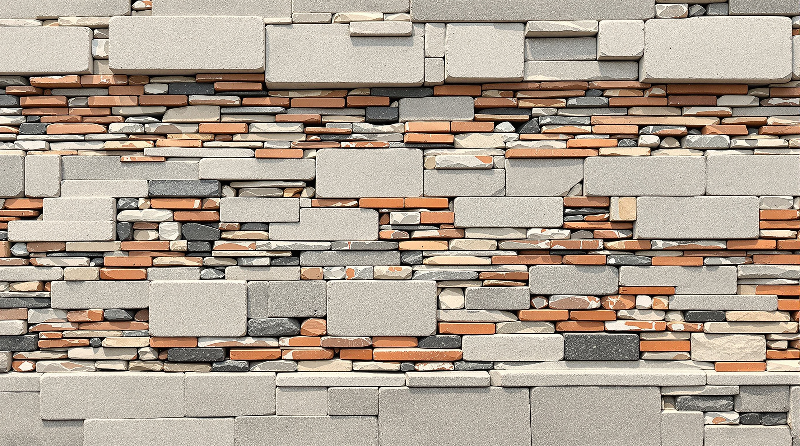 The towering wapan wall of the Ningbo Historic Museum seen close up, a dense hand-laid patchwork of grey clay roof tiles, ochre and red bricks, pale broken pottery and dark stone bound in thin lines of lime mortar, the coursing shifting irregularly across the surface