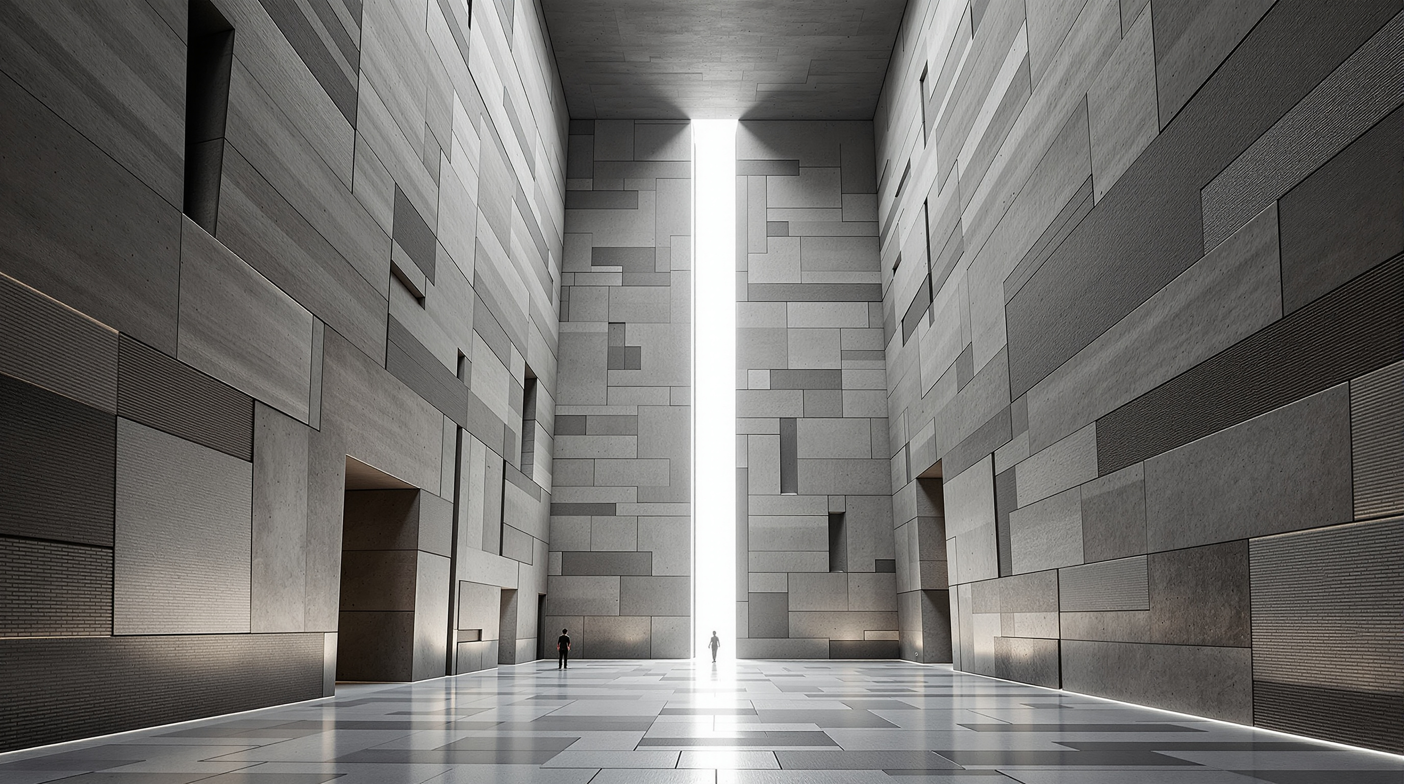 Interior of the Ningbo Historic Museum, a soaring concrete hall lit from above through a deep fissure between tilting walls, the bamboo-textured board-marked concrete surfaces meeting patches of salvaged brick, a lone visitor small against the geological scale of the space