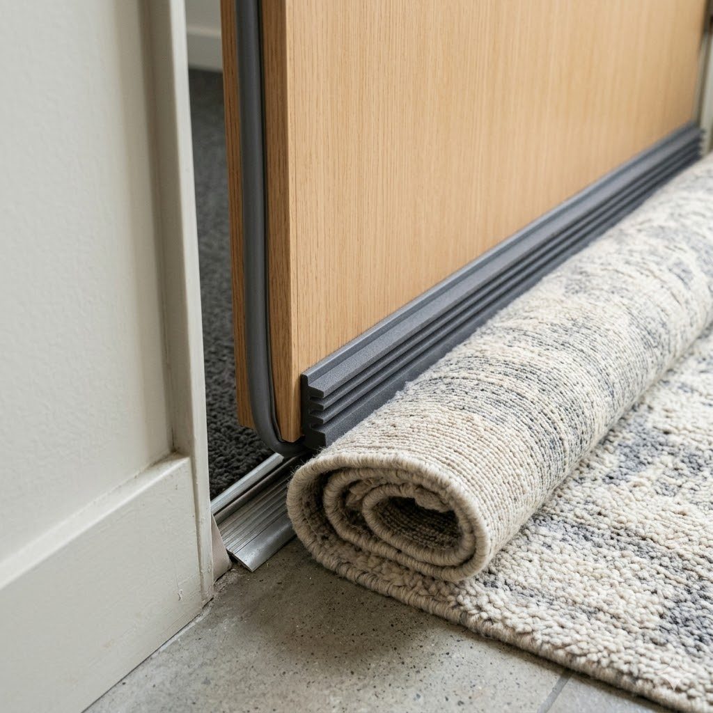 Practical apartment soundproofing details — an acoustic foam door sweep fitted along the base of a flush door, a rubber gasket seal around the door frame, and a thick rug rolled at the threshold