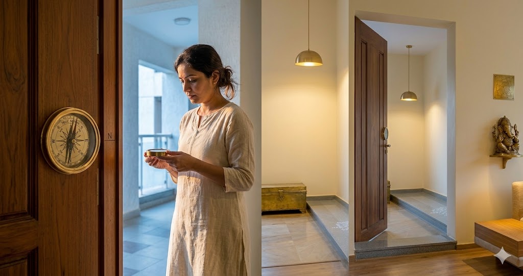 An Indian homeowner using a magnetic compass at the main door of a Mumbai or Bengaluru 3 BHK apartment to verify true north direction the homeowner is a woman in her late thirties wearing a relaxed cotton kurta standing at the threshold of a solid teak main door holding a brass-rimmed magnetic compass in both hands at chest height looking down at the needle the compass aligned with a small mark on the door frame the door slightly ajar showing a glimpse of warm cream foyer beyond morning light streaming in from the open door behind her a faint glimpse of the apartment corridor outside warm 2700K pendant glowing above the entry the body language careful methodical professional the moment of verification before any vastu planning begins magazine-quality interior photograph quiet luxury sensibility documentary style