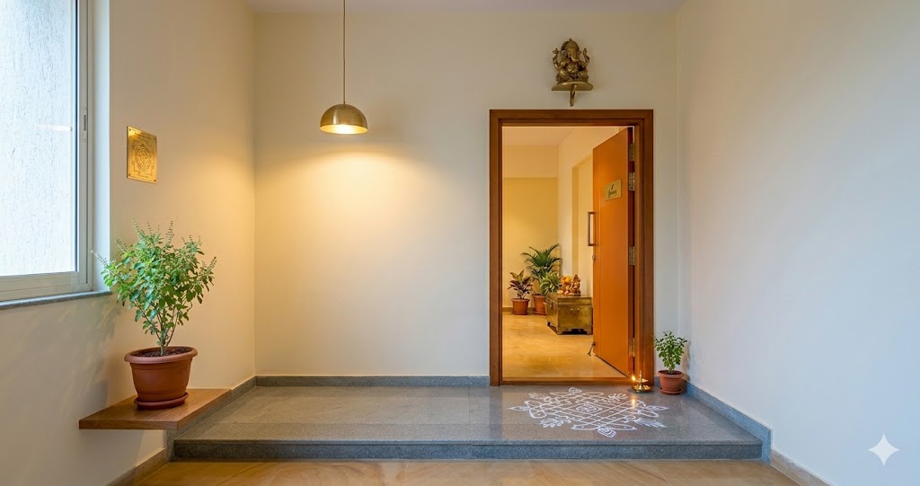 A north-facing main door of a premium Indian apartment captured in early morning light a solid teak Greenply main door with brushed brass Hettich hardware a small brass Kubera yantra plaque mounted on the wall to the left of the door a brass Ganesha idol on a wall-mounted bracket above the threshold a fresh white rice flour kolam pattern drawn on the cream marble floor at the door sill a warm 2700K pendant light glowing softly above the entry porch a brass diya lit beside the threshold the door slightly ajar showing a glimpse of a warm cream foyer beyond a small Tulsi plant in a terracotta pot to the right of the door warm cream and golden palette in the Kubera direction tradition magazine-quality interior photograph of an Indian apartment entry in the Bengaluru or Mumbai context