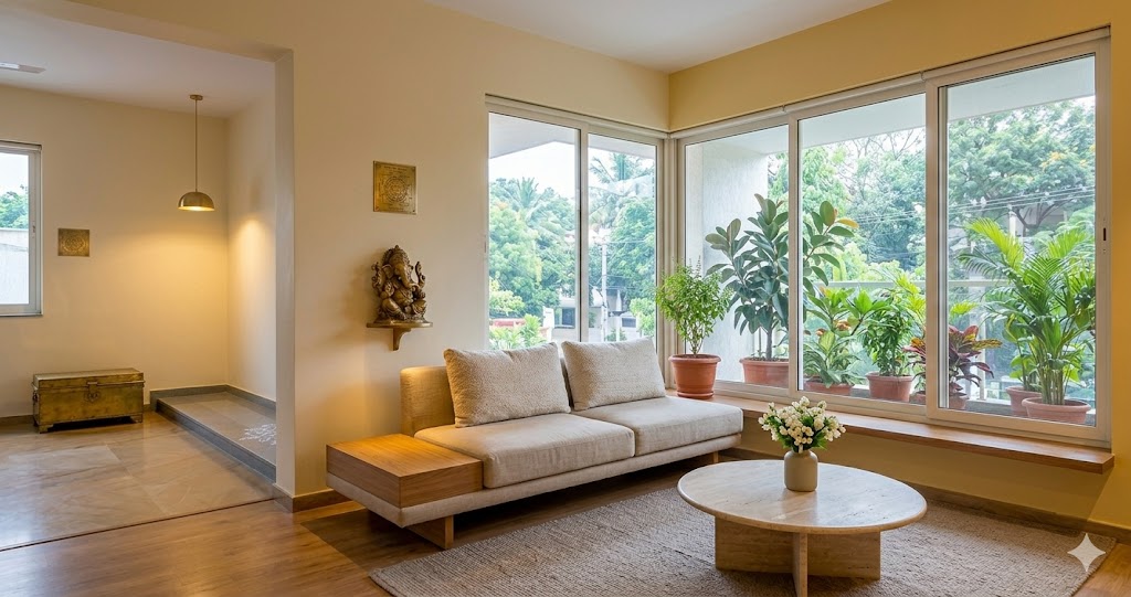 A north-facing living room in a premium Bengaluru 3 BHK apartment soft north sky daylight pouring through floor-to-ceiling windows on the north wall a low-slung oat linen sofa anchored against the south wall facing toward the windows and entry beyond a travertine round coffee table with a single Auroville stoneware vessel holding fresh white jasmine flowers a wool jute rug in soft taupe under the seating cluster a small brass Kubera yantra mounted on the north wall above a low oak ledge a single large potted Tulsi plant on the windowsill warm 2700K interior lighting catching the natural grain of the oak side table a faint glimpse of the cream marble entry foyer through the open archway no people calm restful sanctuary atmosphere vastu-aligned palette of cream and golden yellow and oak magazine-quality interior photograph quiet luxury sensibility