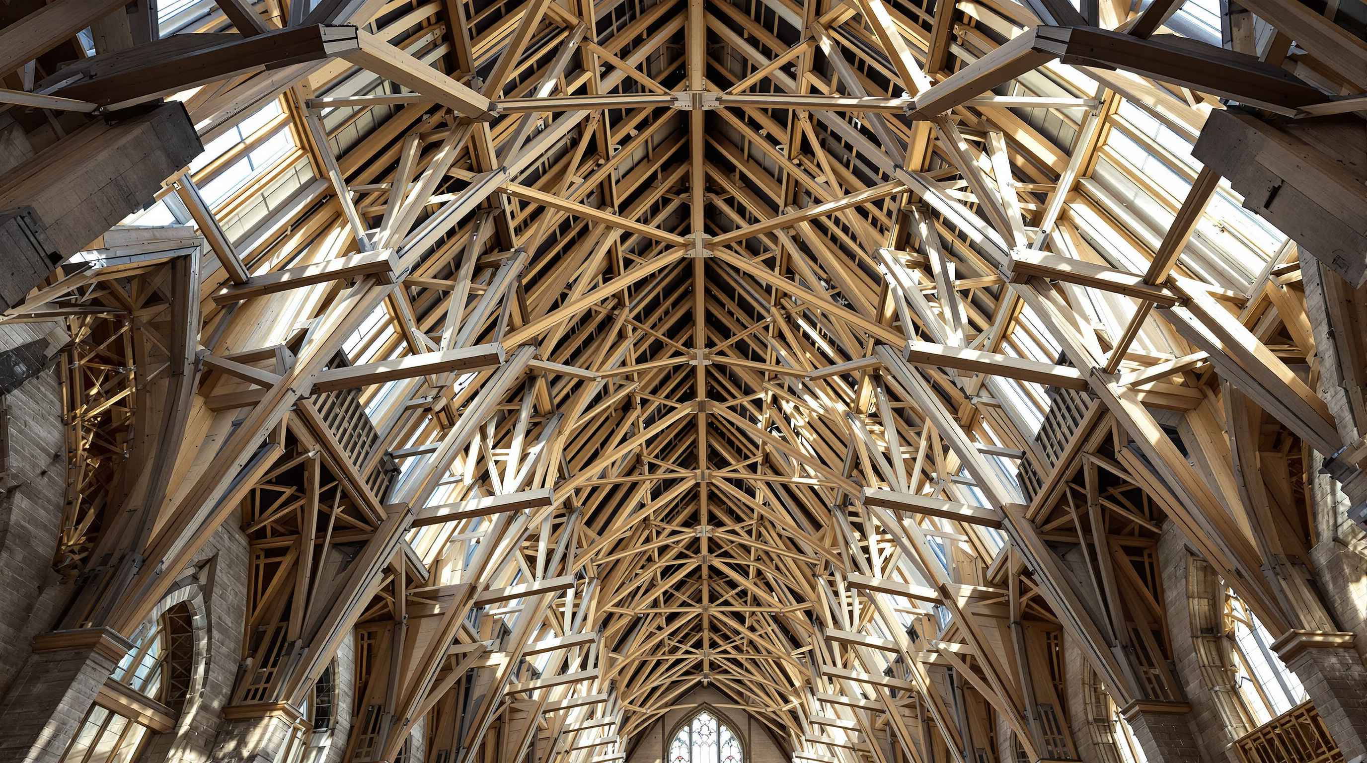 Inside the reconstructed timber roof of Notre-Dame, a dense lattice of pale hand-hewn oak trusses — the rebuilt 'forest' — rising in triangular frames above the stone vaults, the axe-faceted surfaces of the green oak catching the light