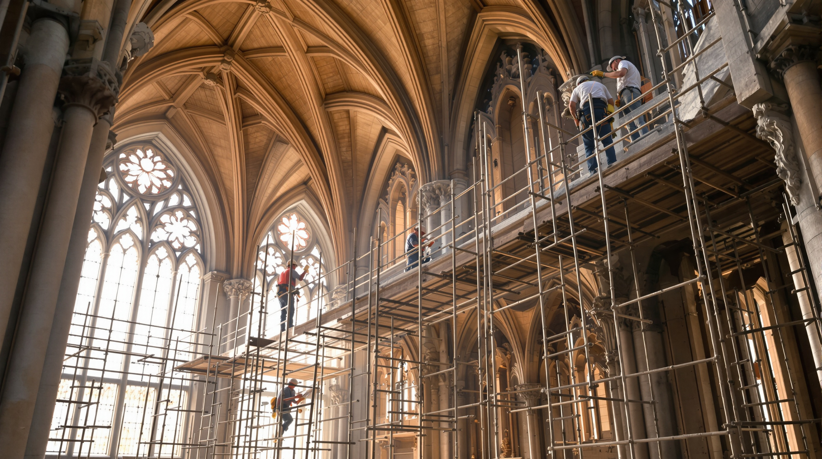 Craftspeople and conservators at work high on the scaffolding inside Notre-Dame, cleaning pale limestone and fitting stone alongside the rebuilt oak roof structure, dust and worklight filling the vast Gothic interior