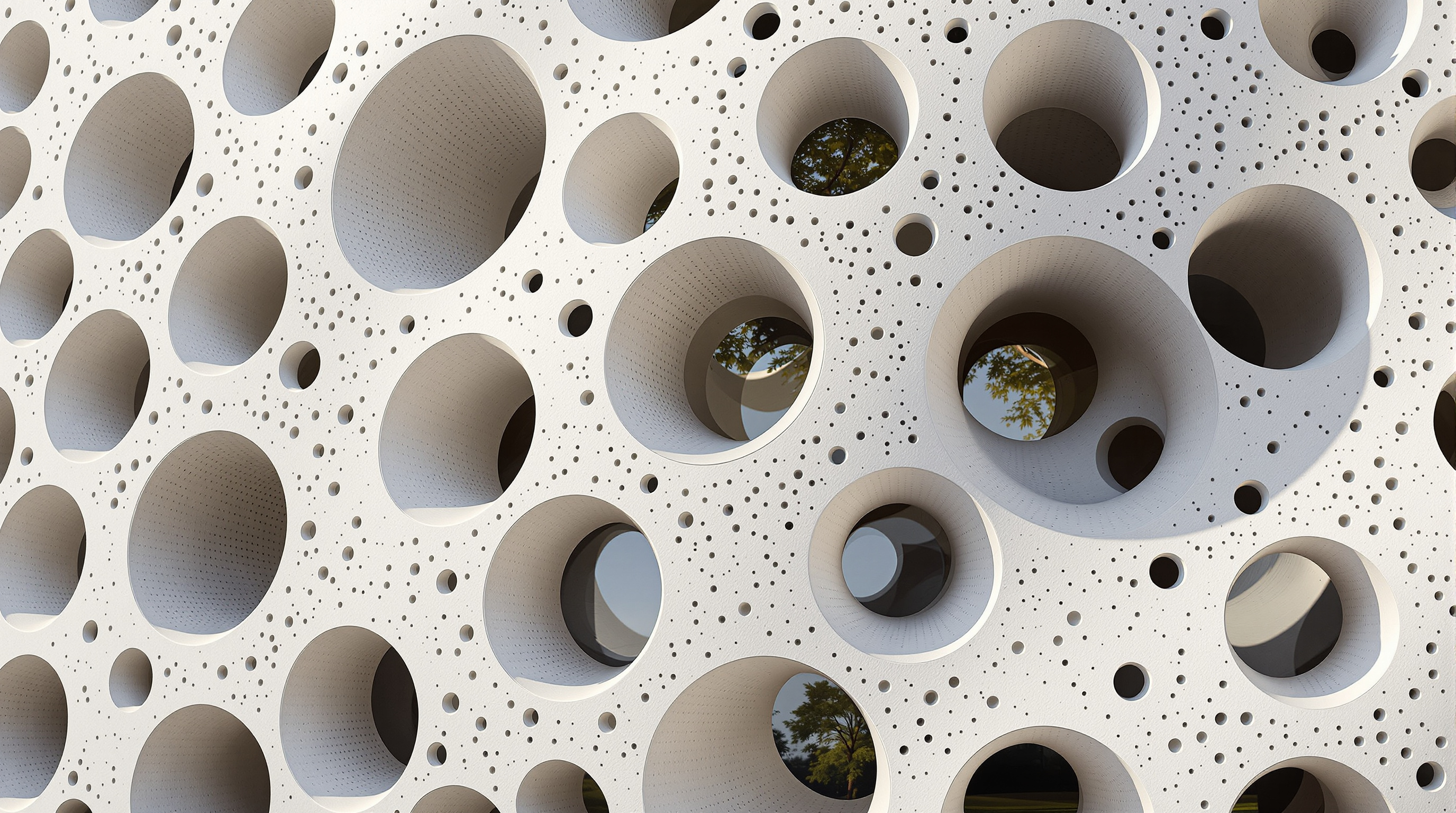 Close-up of the O-14 tower's perforated concrete shell in raking sunlight, the round openings of varying diameter casting deep circular shadows, with a glimpse through the holes of the glass curtain wall set back about a metre behind the concrete lace