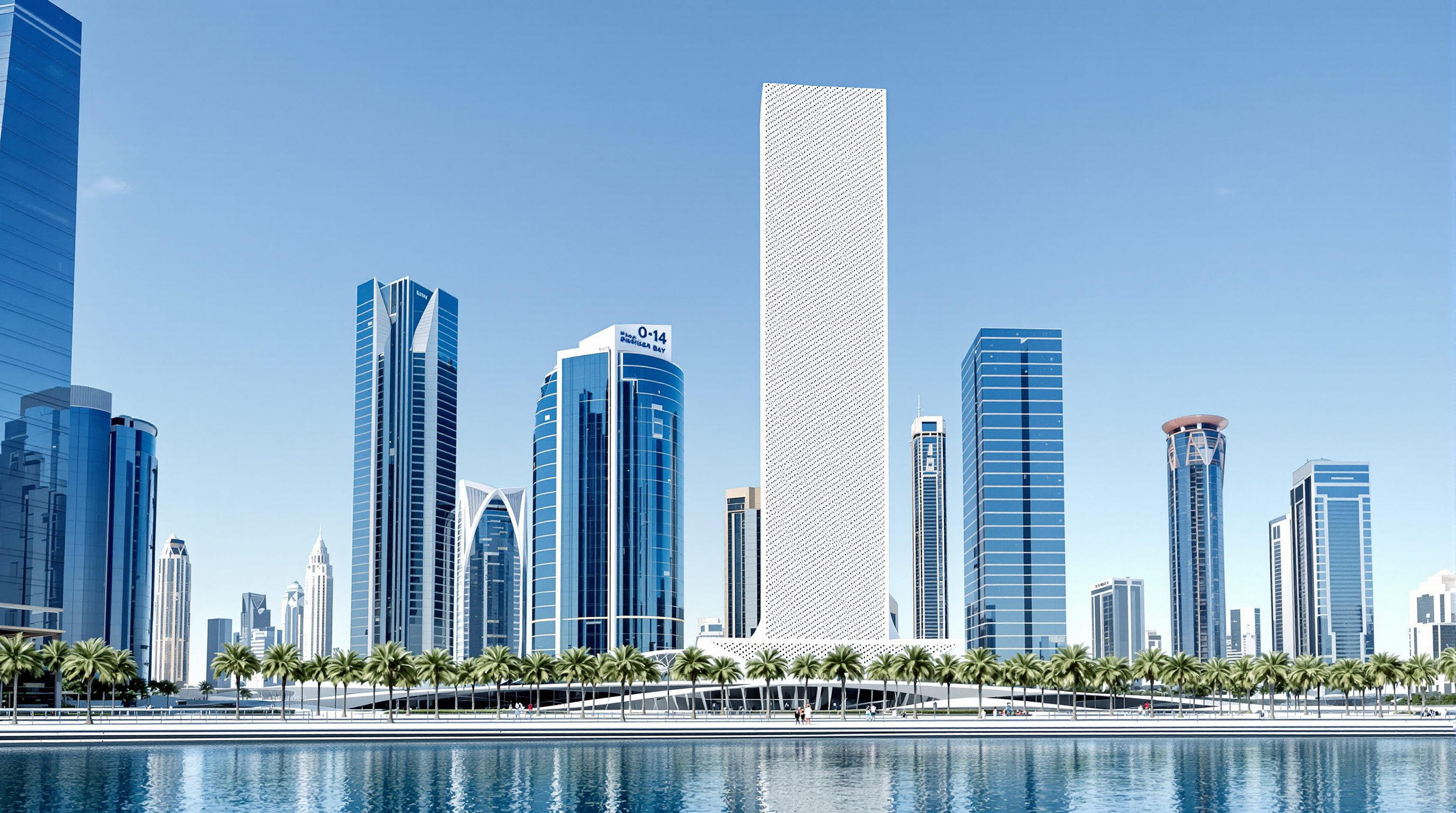 Wide view of the O-14 tower rising over the Dubai Water Canal promenade, its slender white perforated slab set against neighbouring glass towers, pedestrians on the waterfront esplanade below giving a sense of the building's scale