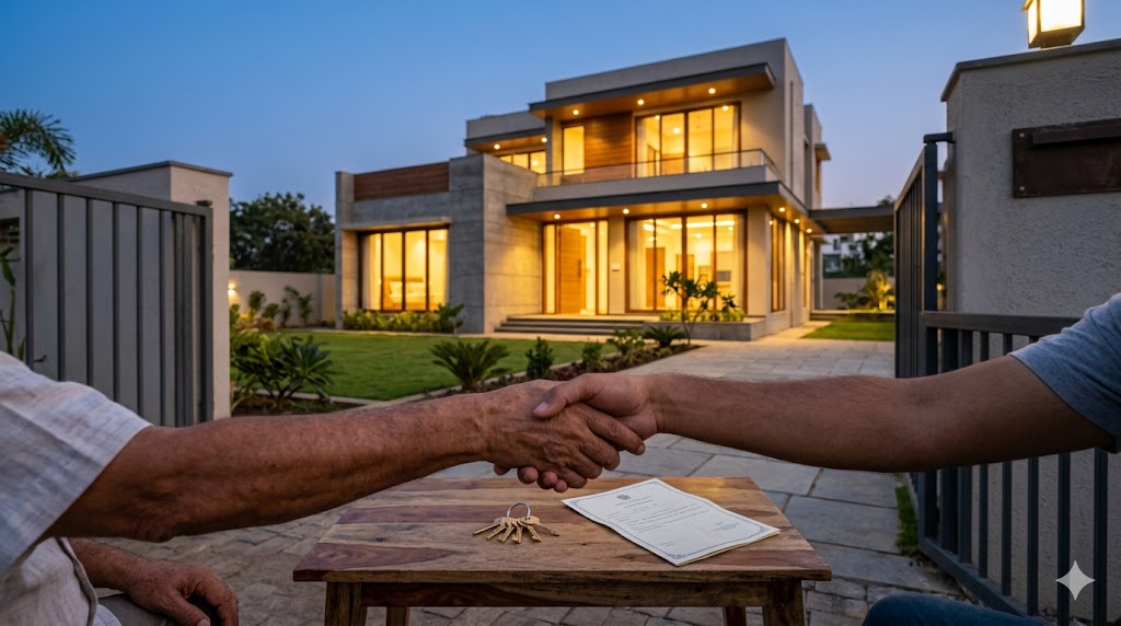 Completed Indian residential building handed over to client — keys exchange, OC document held up, end of project