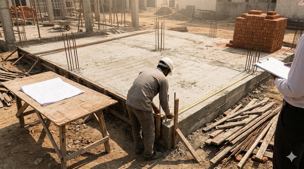 Plinth-level inspection on an Indian residential site — surveyor measuring the cast plinth slab against sanctioned dimensions