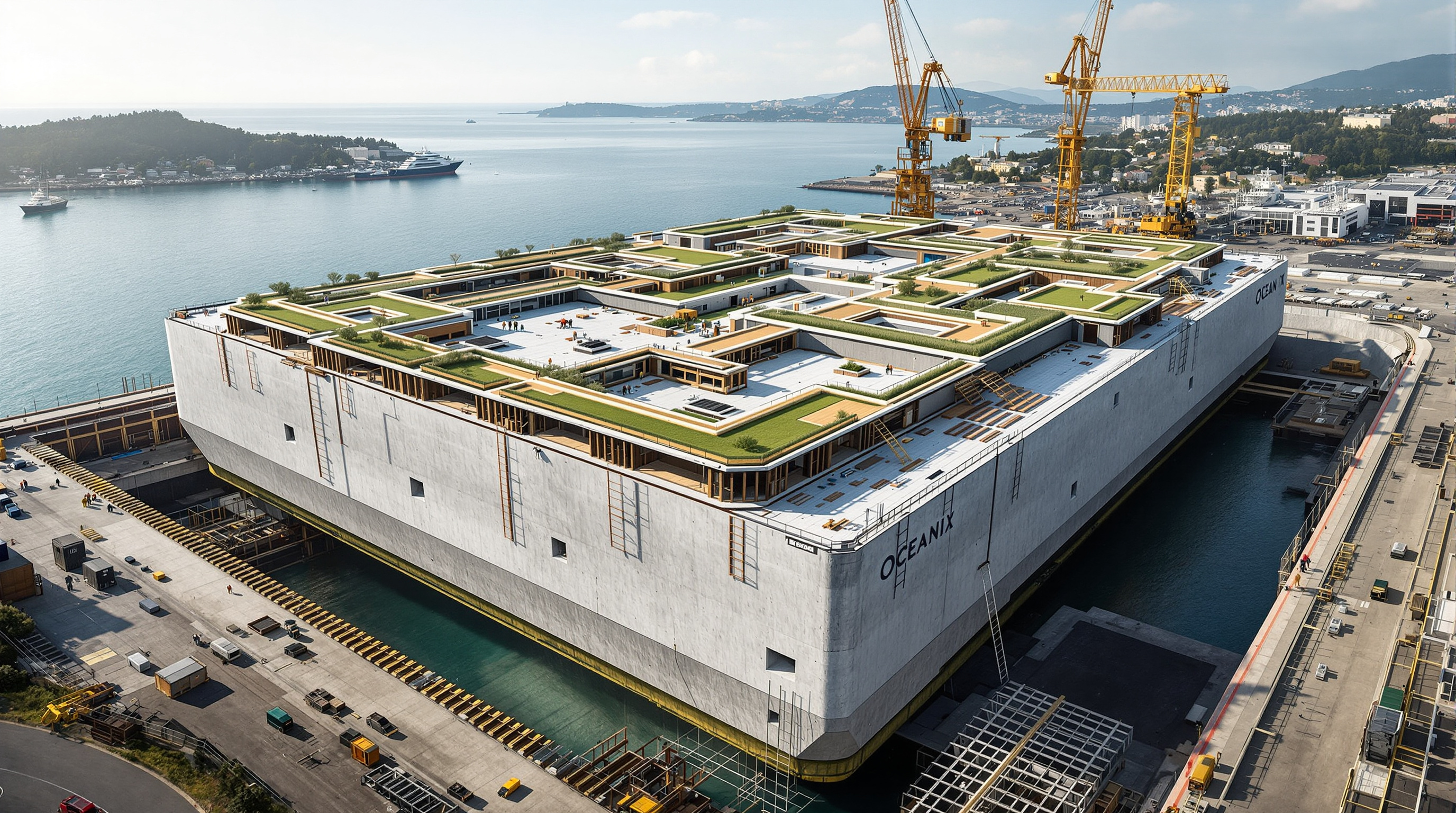 A single Oceanix platform under construction in dry dock, its wide low-draft concrete hull visible, workers laying timber decking and planting terraces above while the honeycomb underside is prepared for mooring, cranes and a coastal shipyard behind
