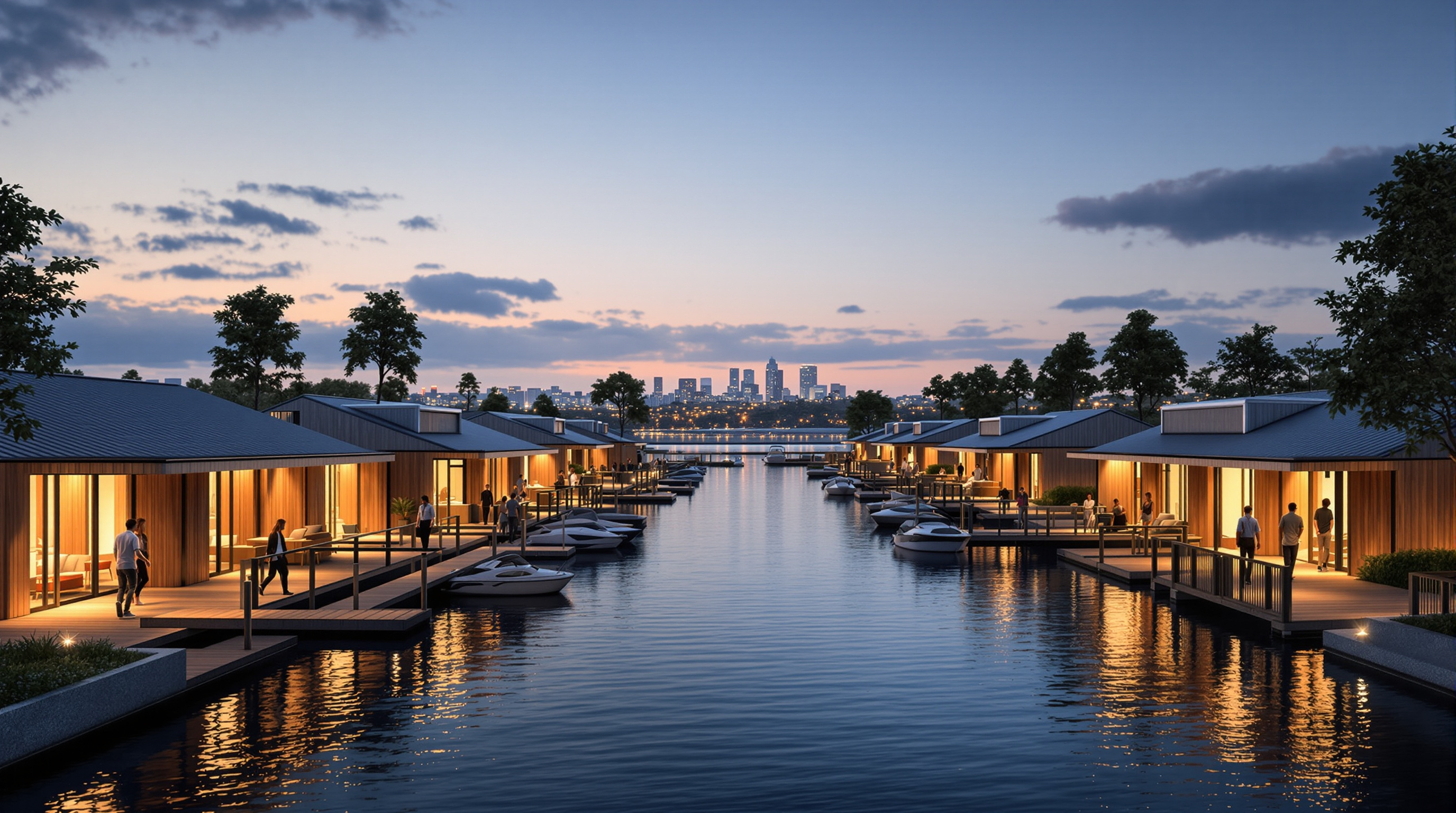 A rendered evening view along a canal between two Oceanix platforms, warm light from low timber buildings reflecting on the water, residents walking timber boardwalks and small electric boats moored, a sheltered lagoon and the lights of the mainland city glowing in the distance
