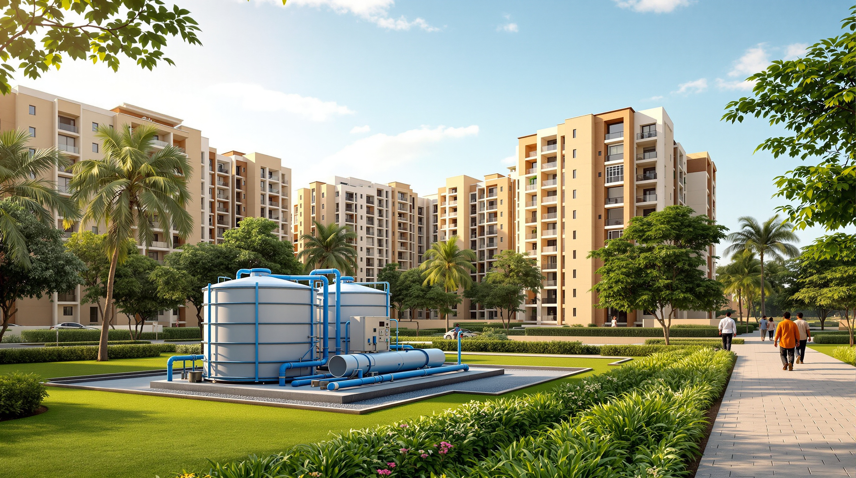A modern gated apartment complex in Bhubaneswar with a compact on-site sewage treatment plant beside landscaped grounds
