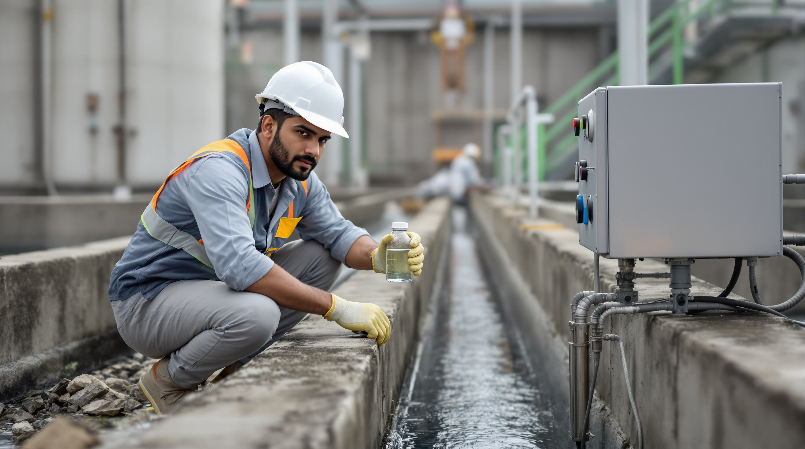 An Indian technician inspecting effluent monitoring sensors and taking a treated water sample at an STP control point