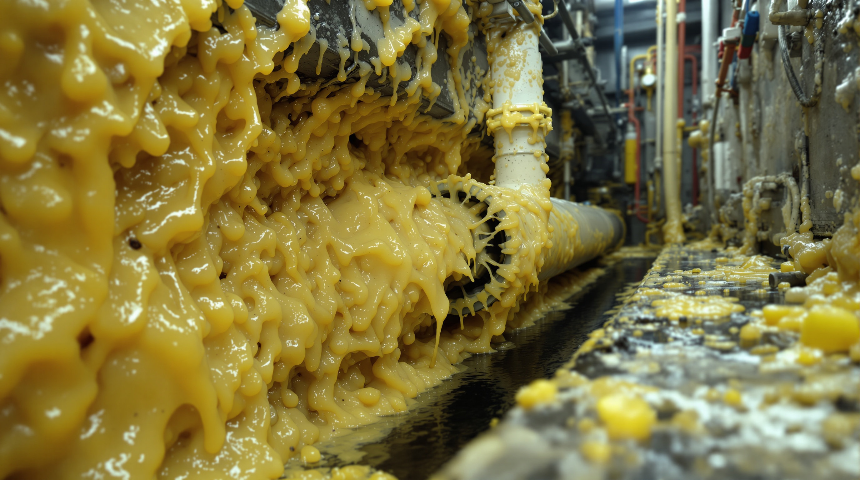 Thick congealed grease coating the inside of a sewage pipe and pump, narrowing the flow path