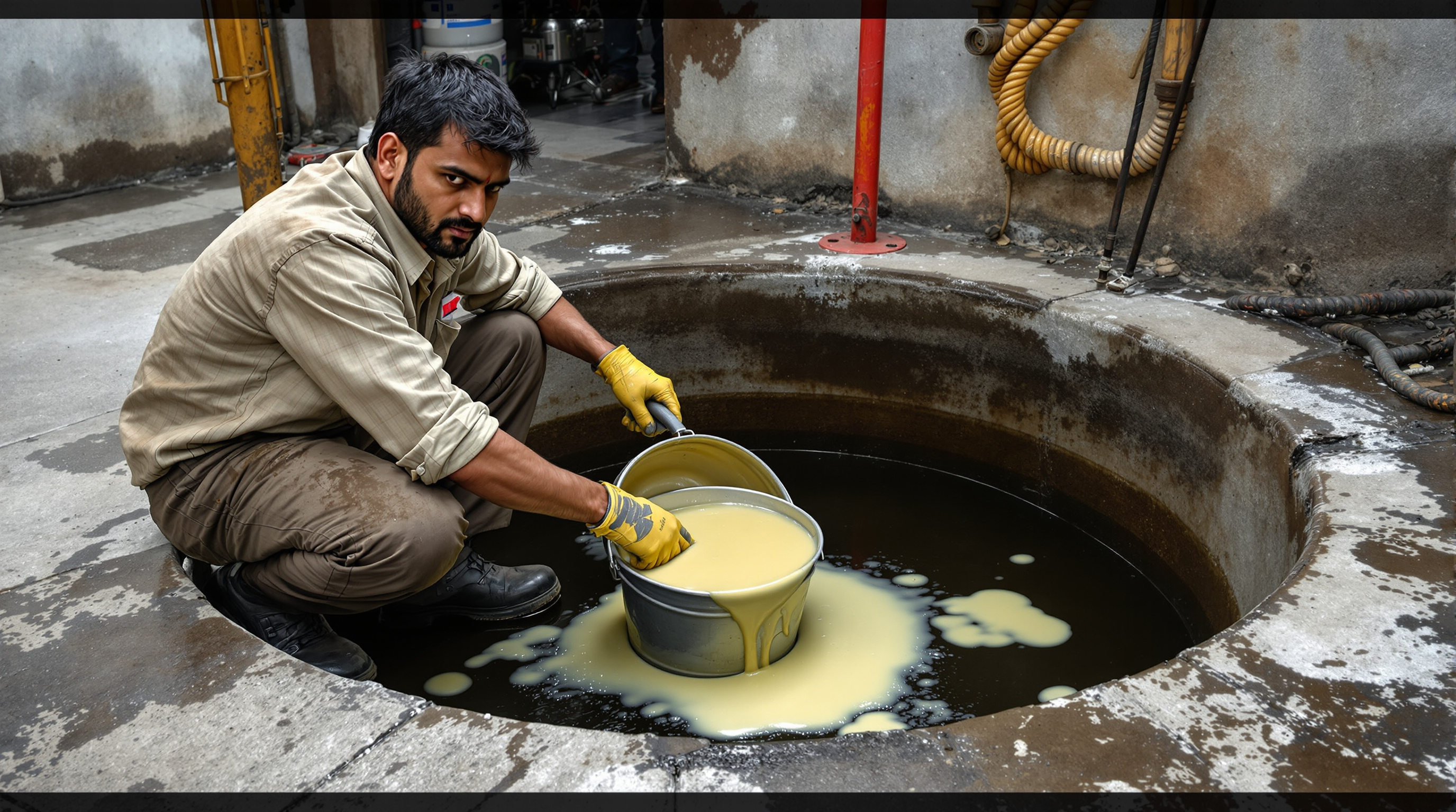 Indian STP operator in gloves scooping a thick floating grease cap out of an open grease trap chamber
