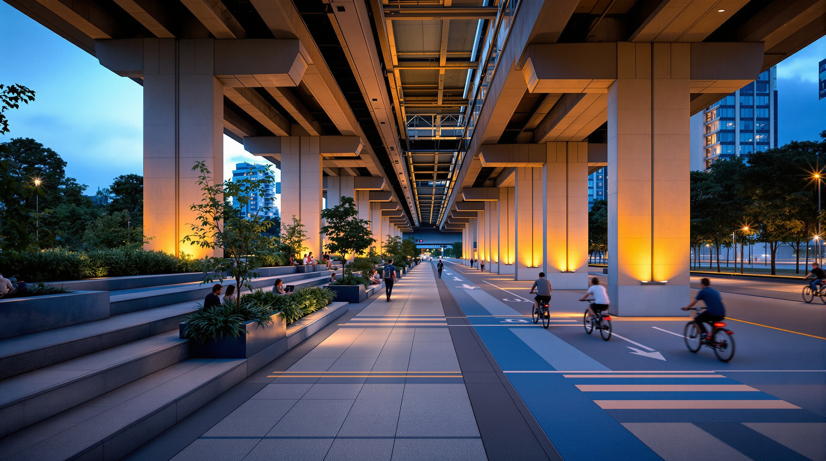 A view along One Green Mile at dusk beneath the flyover, warm lighting glowing between the concrete columns, people seated on the stepped blue-striped paving among leafy planters, cyclists passing on a marked path, the underside of the elevated road forming a low ceiling overhead