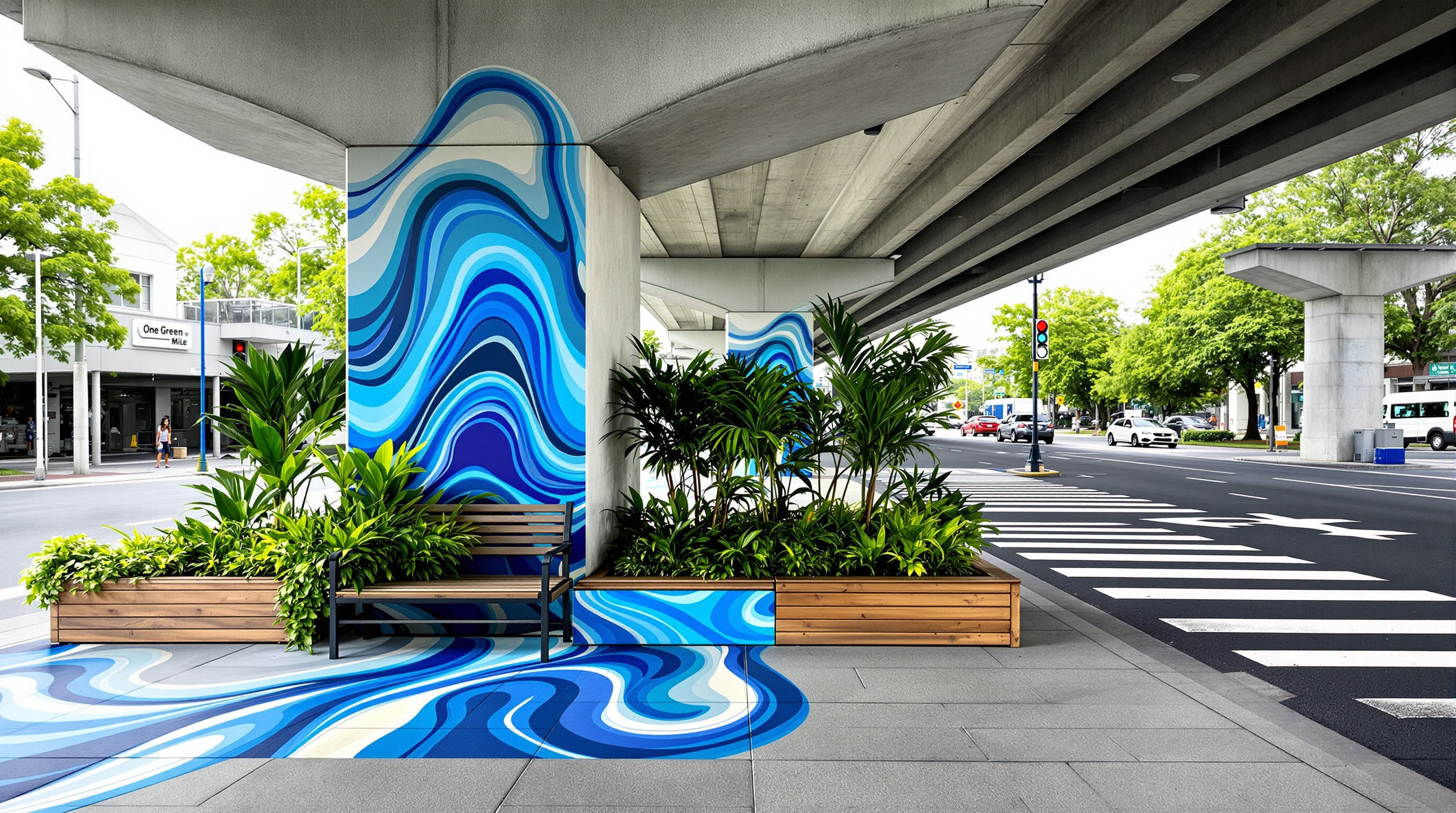 Detail of One Green Mile showing a concrete flyover column painted with flowing blue stripes rising from paving that shares the same pattern, a timber-and-metal seating step beside a planter full of tropical shrubs, and a large bright zebra crossing marked on the road beyond