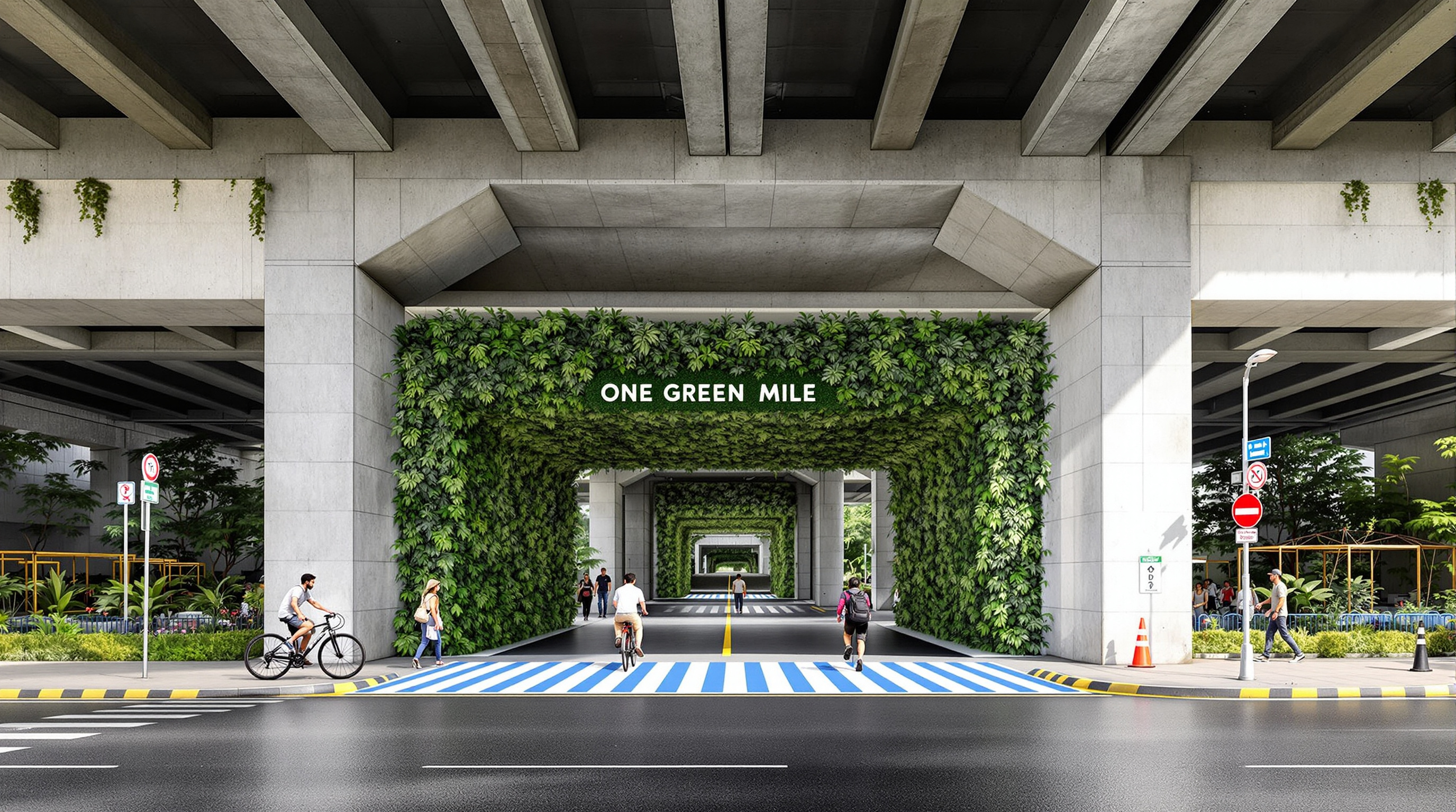 The entrance to One Green Mile framed by a lush planted archway beneath the Mumbai flyover, a bright large-scale striped zebra crossing leading into the space, cyclists and pedestrians passing between dense green screens under the concrete deck