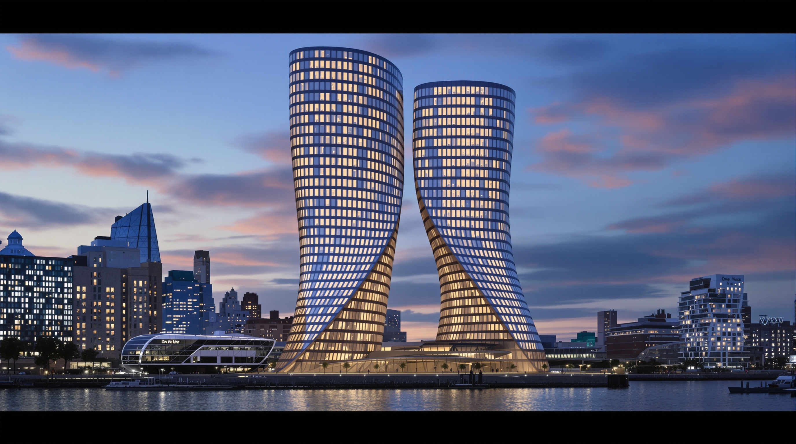 The completed One High Line towers seen from across the Hudson at dusk, the two travertine masses leaning past one another, warm interior light in the punched windows, the twist most legible in silhouette against the New York sky
