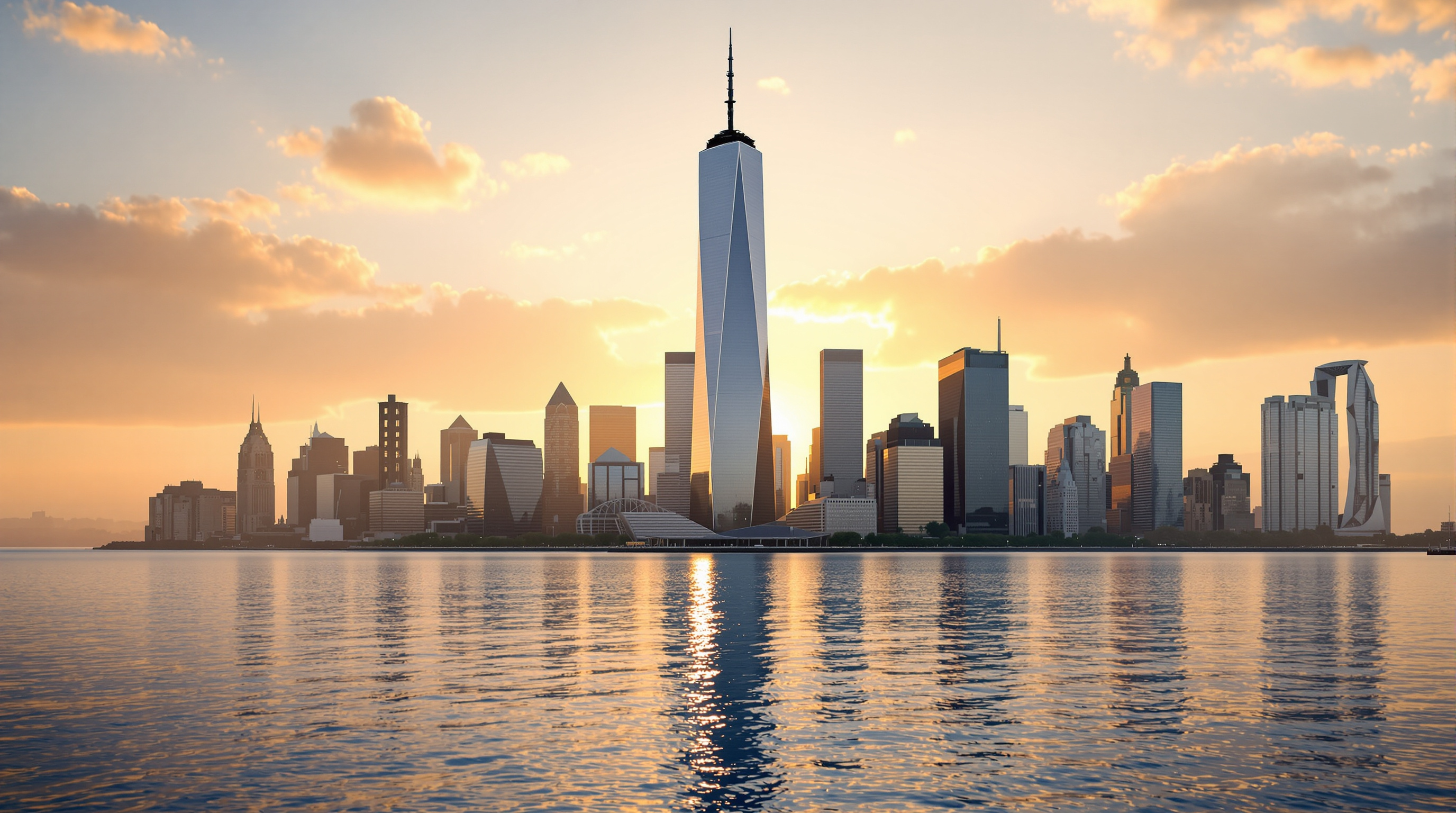The full height of One World Trade Center seen from across the Hudson River at golden hour, its faceted crystalline form standing alone above the Lower Manhattan skyline, the tapering triangular facets casting long diagonal reflections