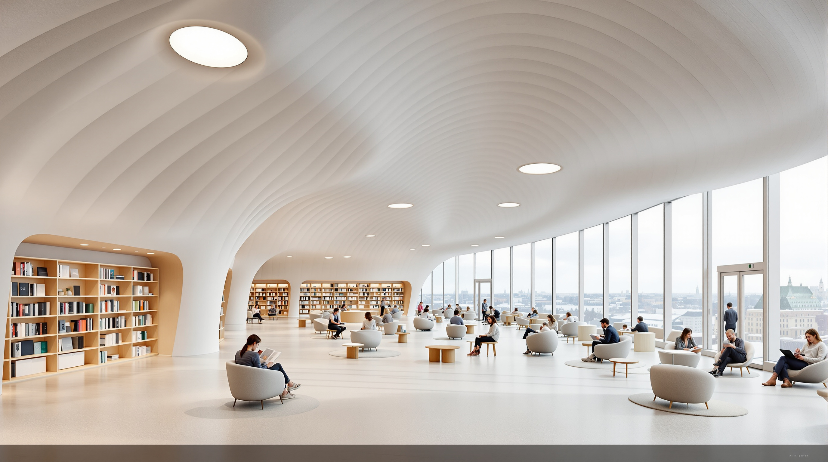 Oodi's top-floor reading room, Book Heaven, a vast open white space with an undulating floor, a billowing ceiling pierced by round skylights, low bookshelves and people reading in soft armchairs beside a fully glazed wall overlooking central Helsinki