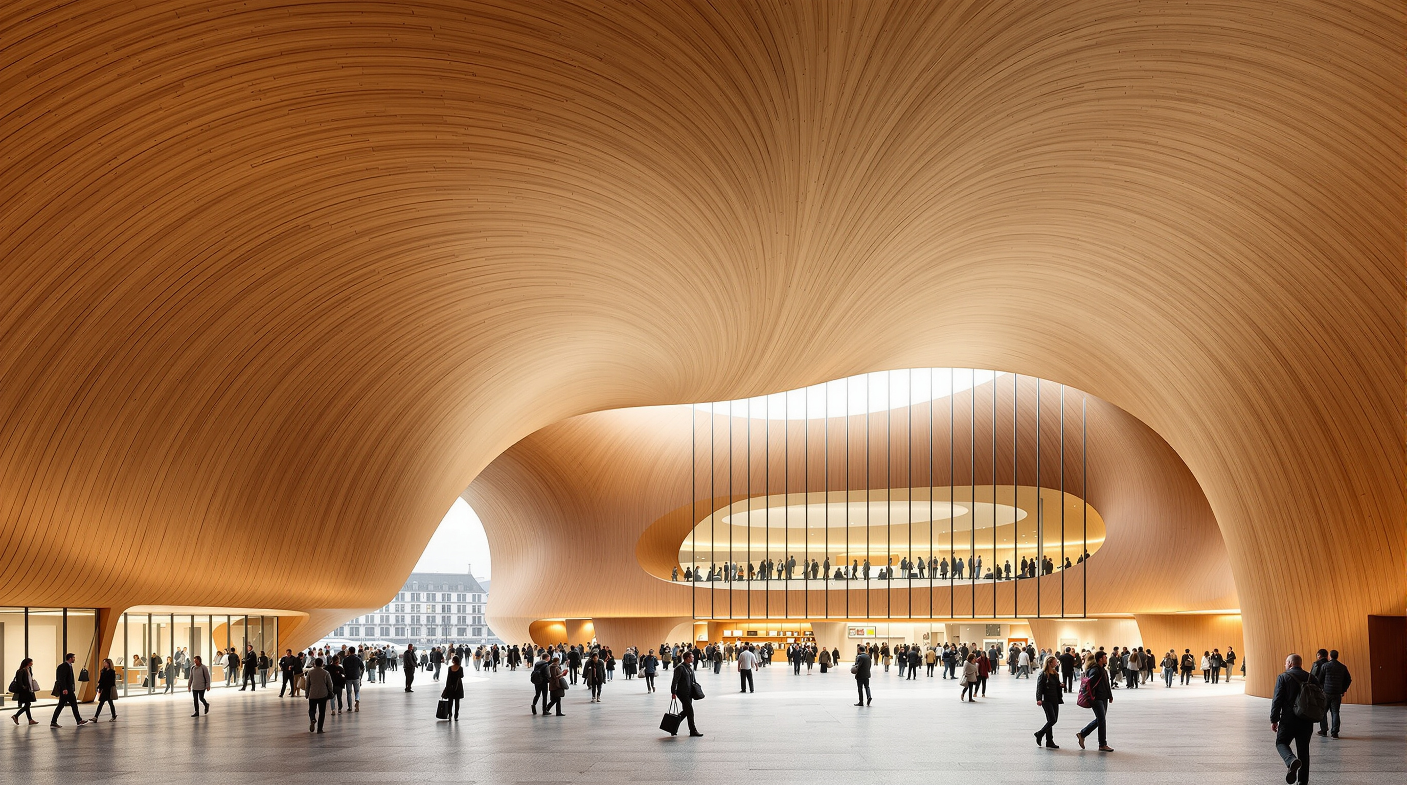 The curved spruce underside of Oodi's cantilevered canopy reaching out over Kansalaistori square, sheltering the fully glazed ground-floor entrance where the paving of the square continues seamlessly indoors, crowds of people moving between the square and the library interior