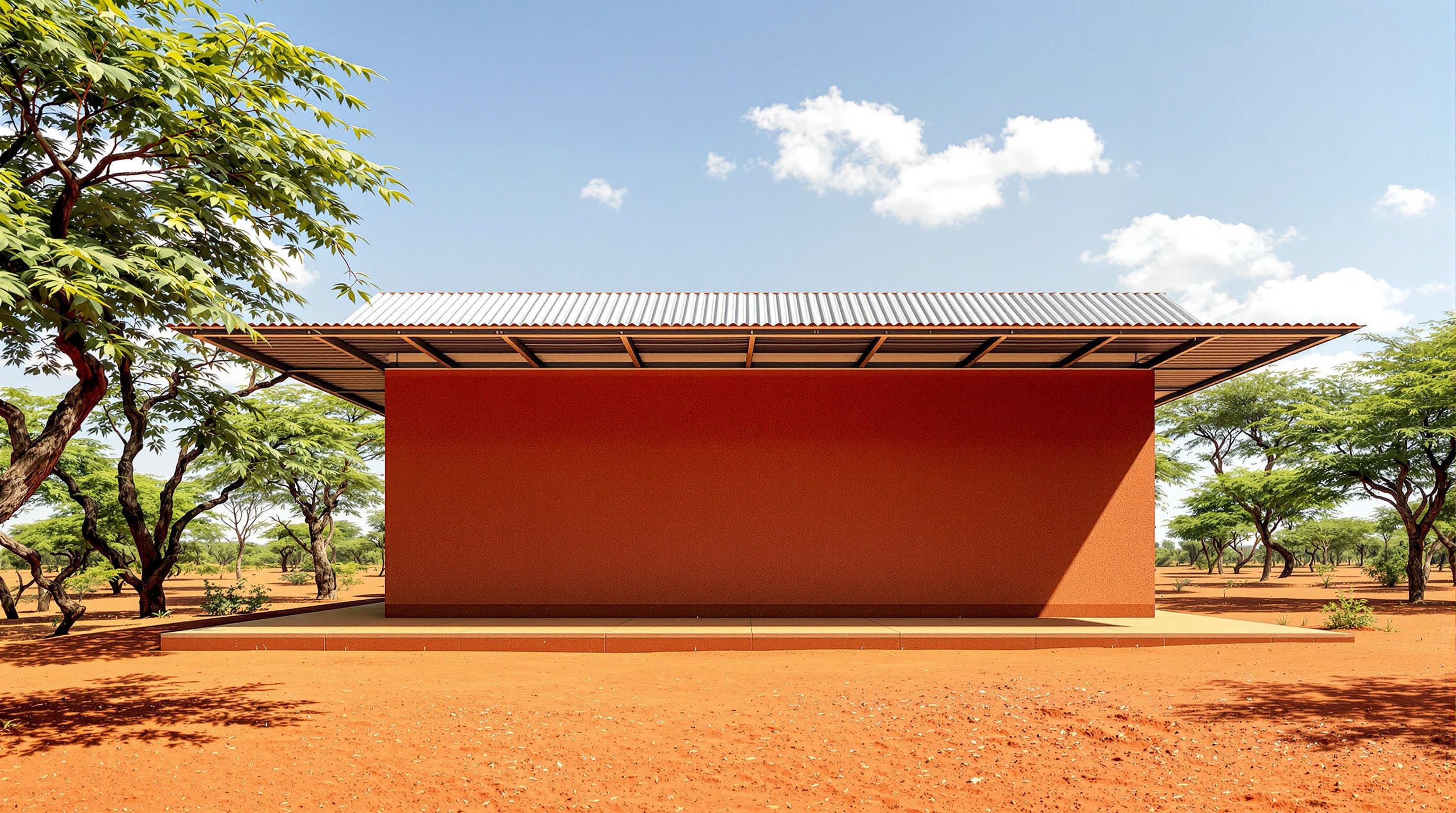 A single-storey Opera Village classroom seen from the side: red compressed-earth-block walls under a wide corrugated-metal canopy roof lifted clear of the building on a slender steel frame, deep shade beneath, dry ochre laterite ground and scattered acacia trees around it