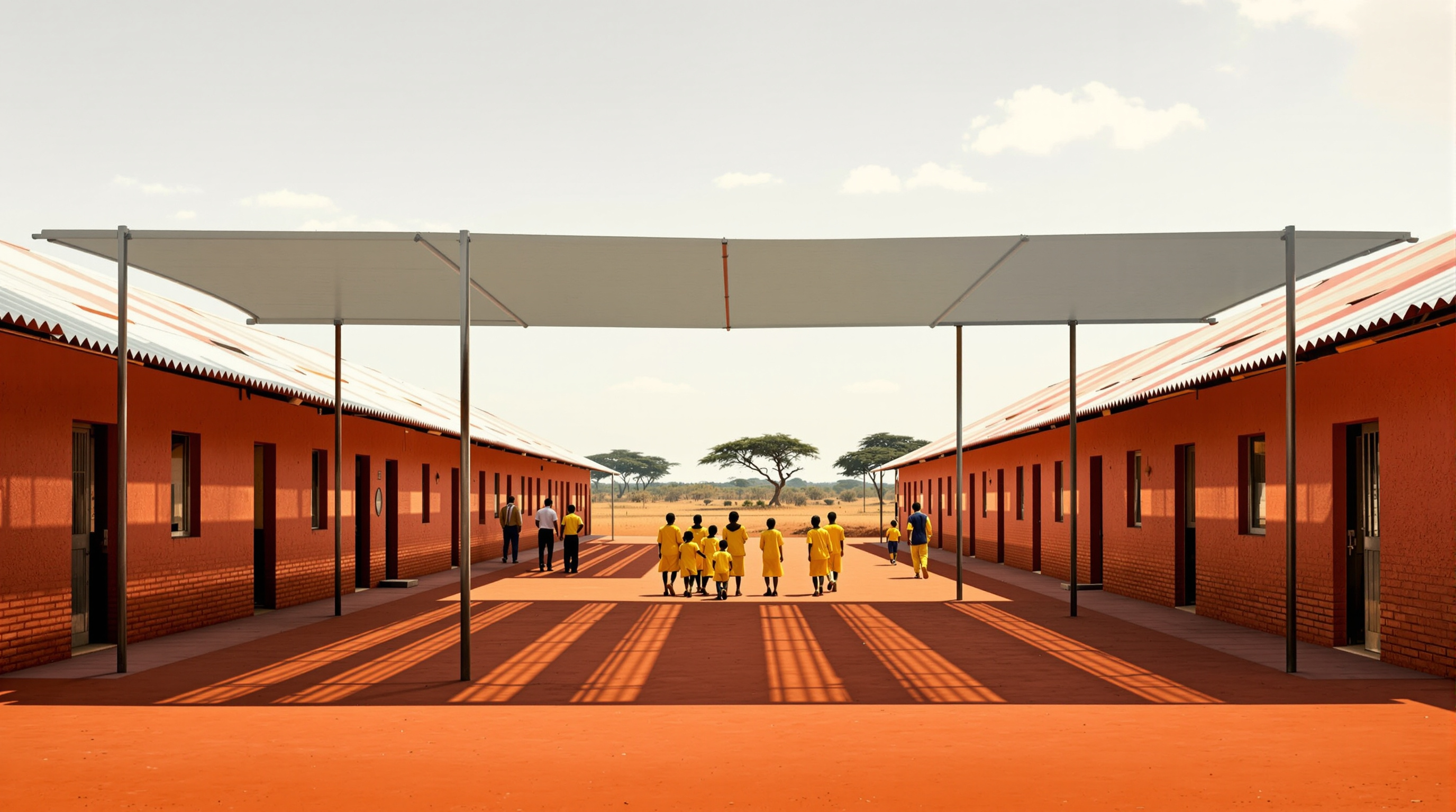 Children in bright uniforms crossing the shaded courtyard between two long earth-block school buildings at the Opera Village, the corrugated canopy roofs casting hard-edged shade stripes across the red laterite ground, a low horizon of dry savannah beyond