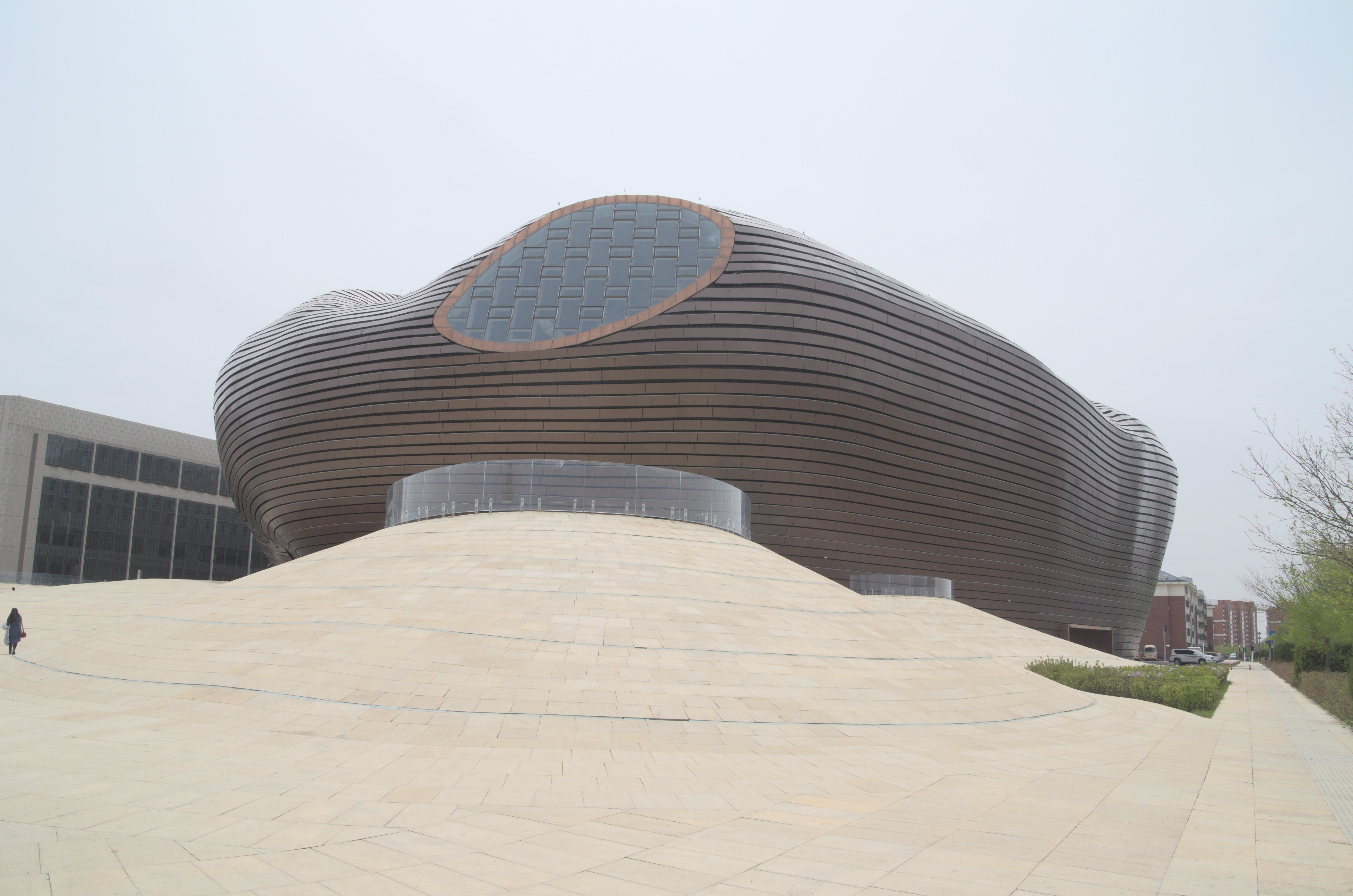 Exterior view of MAD Architects' Ordos Museum showing the polished metal amorphous shell in Kangbashi.