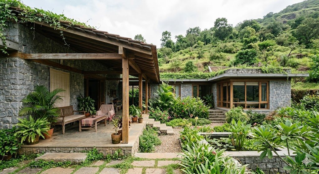A contemporary Indian organic house in local grey stone and warm teak, a deep cantilevered verandah opening onto a planted courtyard, low horizontal lines settling into a green hillside