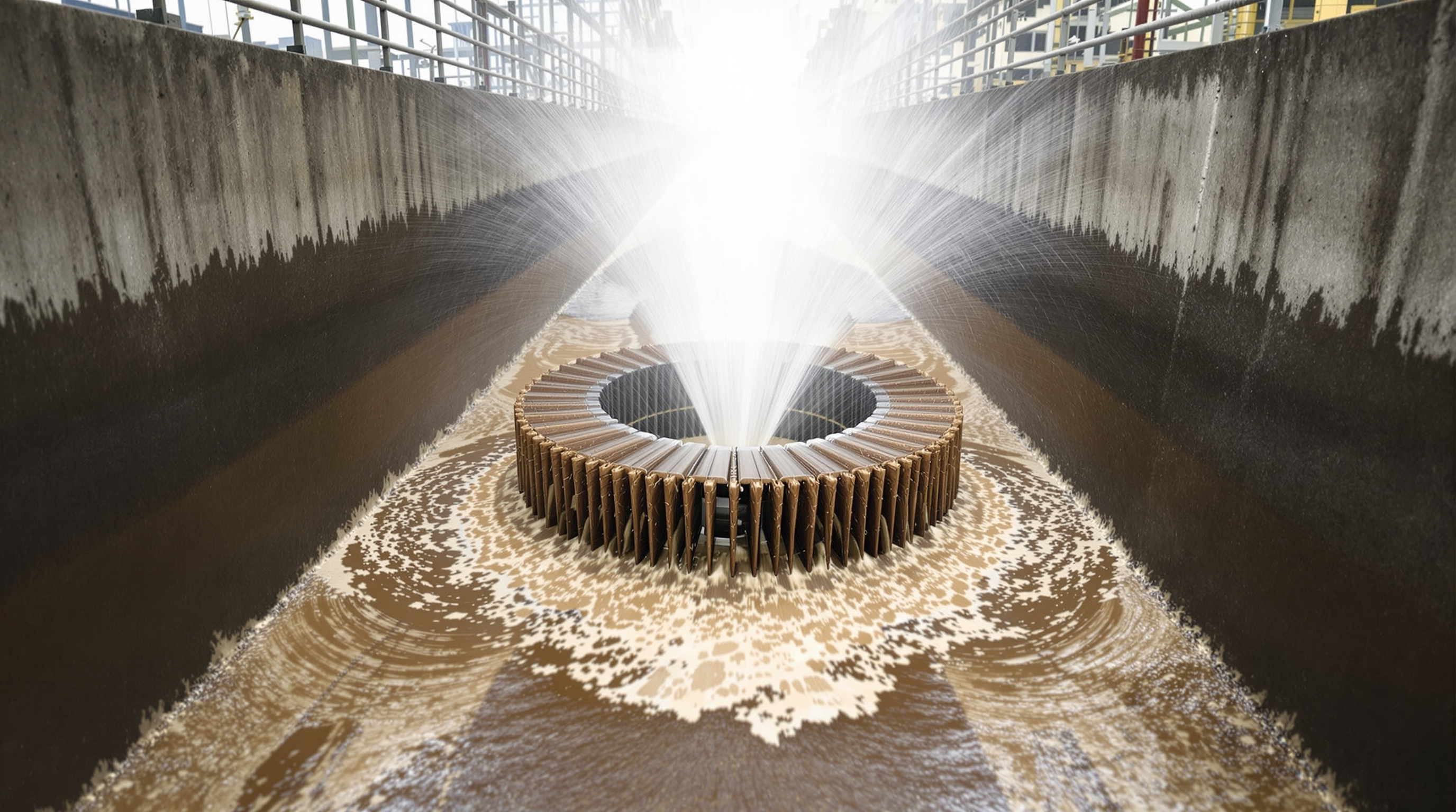 Horizontal brush rotor aerator spinning across an oval oxidation ditch channel, whisking brown mixed liquor into a spray at an Indian sewage treatment plant