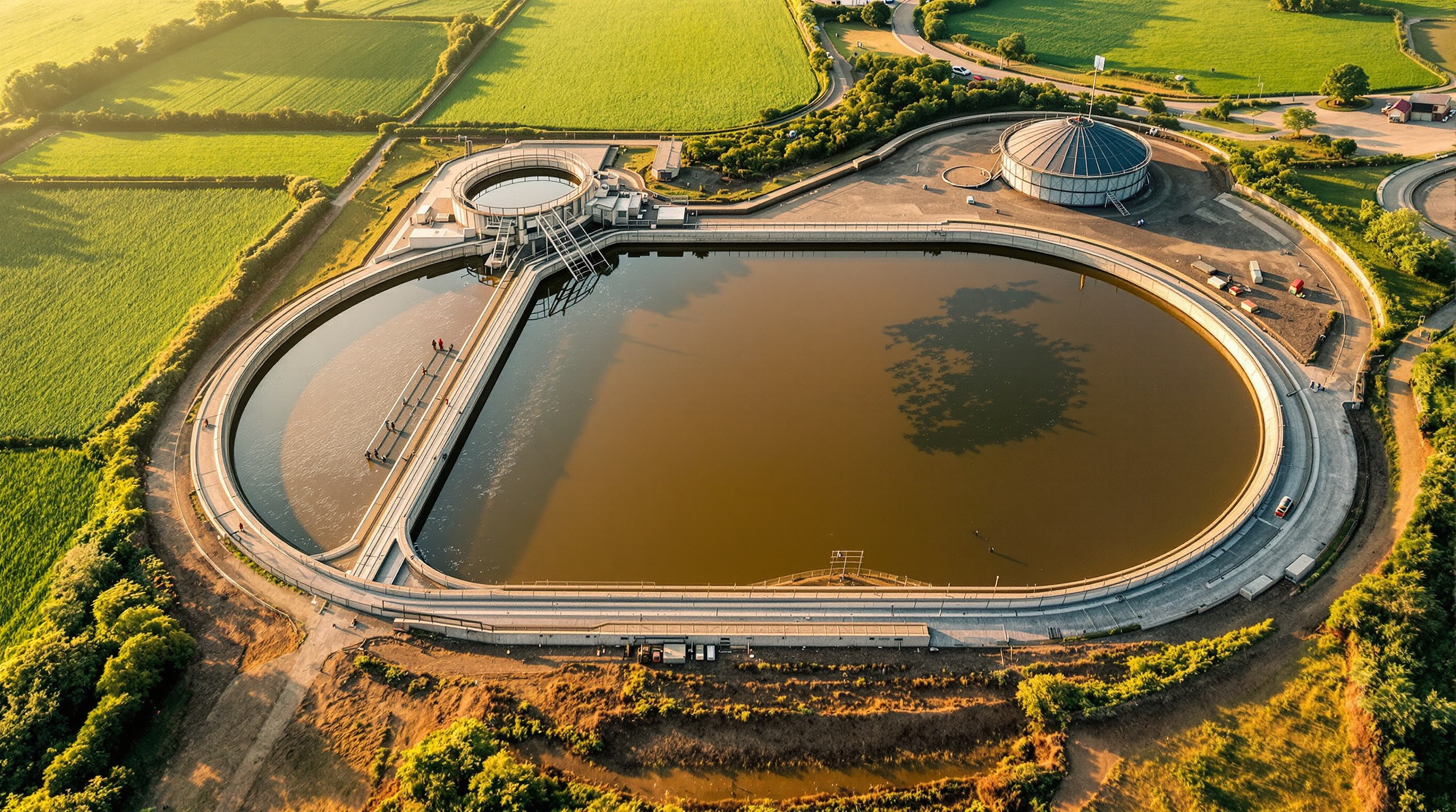 Aerial view of a large oval oxidation ditch on open ground at an Indian town-scale sewage treatment plant surrounded by fields