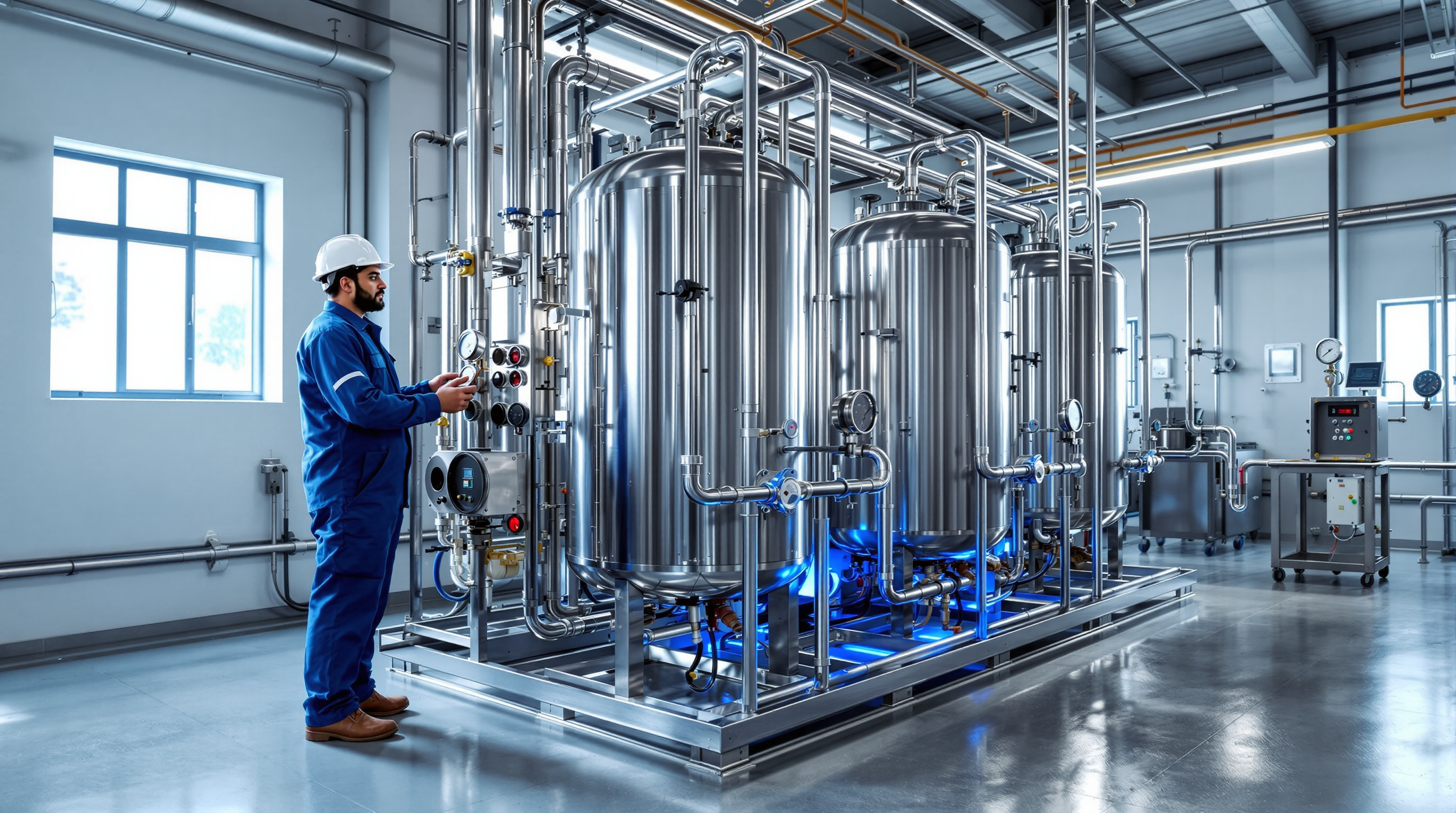 Close-up of a stainless-steel ozone generator skid with high-voltage discharge cells and stainless piping inside an Indian STP plant room