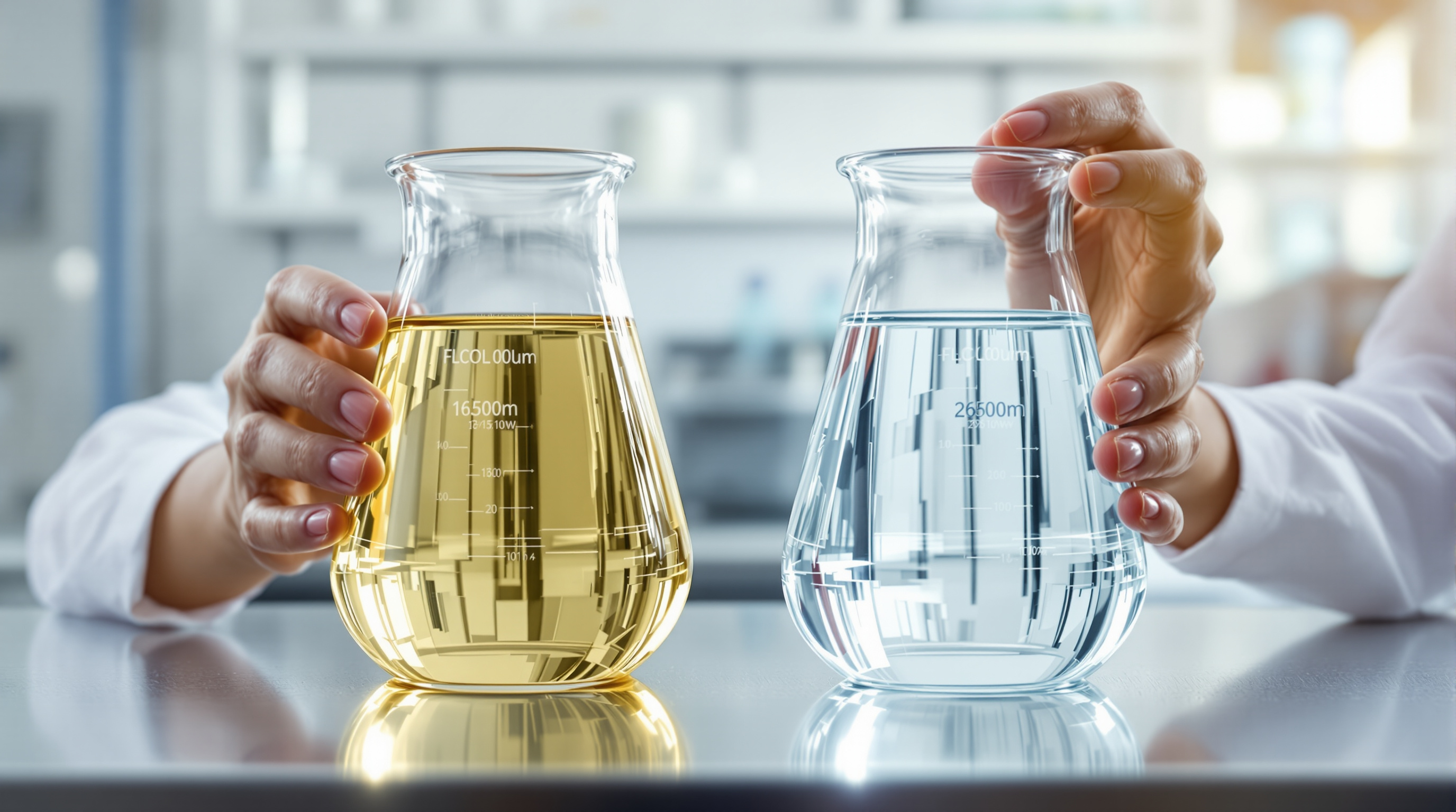 Two clear glass beakers side by side, one holding faintly yellow-brown treated water and the other crystal-clear water after ozonation, held by an Indian technician