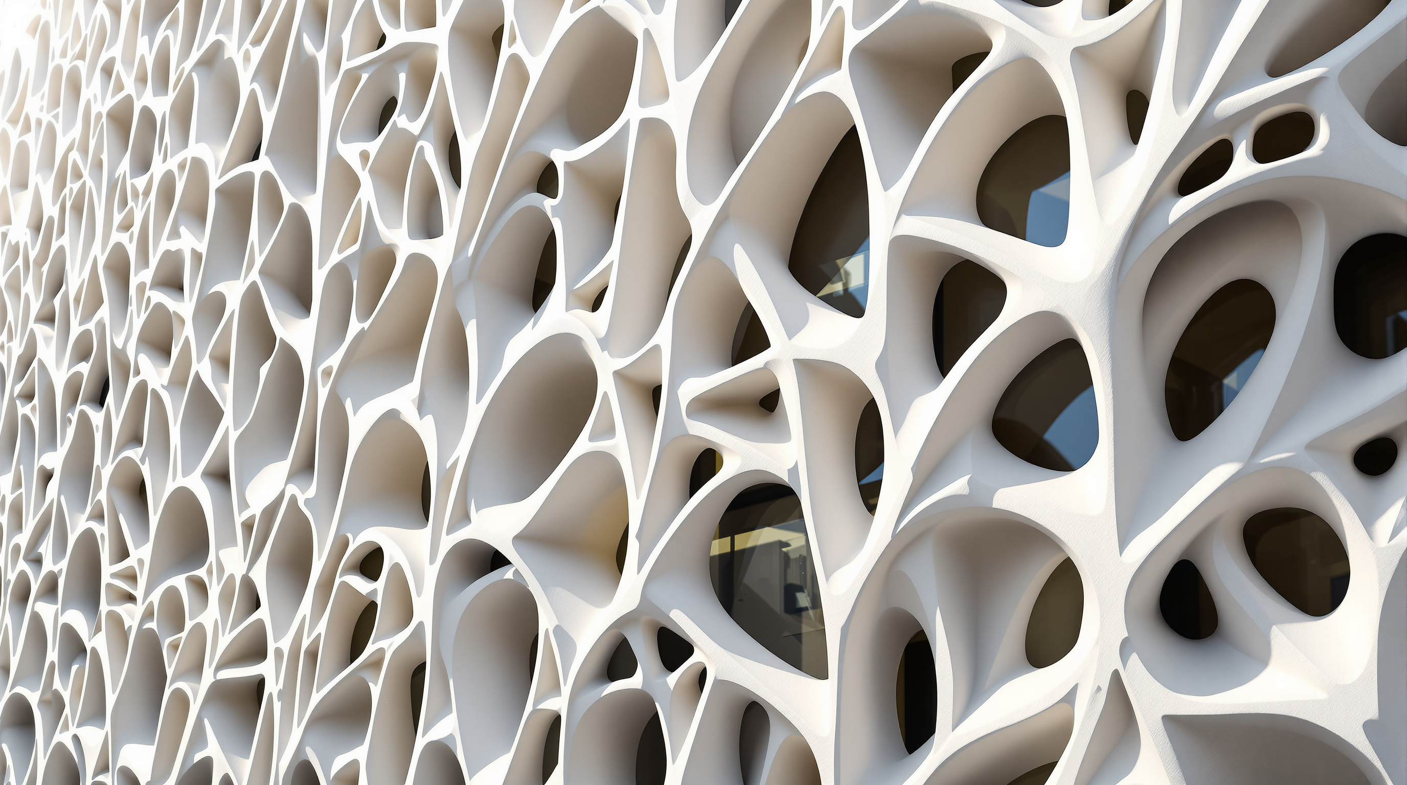 Detail of the Palazzo Italia facade at close range: interwoven pale-white cement panels shaped like tangled tree branches, each panel a unique organic casting, deep recesses throwing sharp shadows, the surface almost luminous in raking afternoon sun