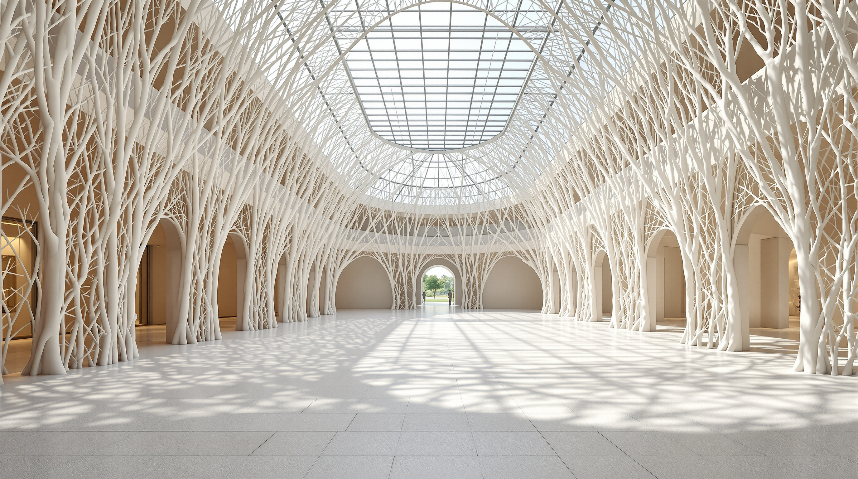 The covered central plaza of Palazzo Italia seen from inside, the intricate white branch-lattice walls rising on all sides, dappled daylight falling through the photovoltaic glass roof onto the stone floor of the empty atrium