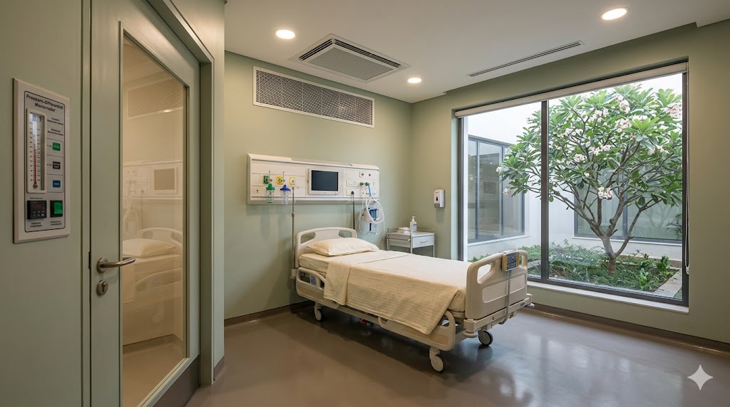 AIIR patient room — negative pressure, HEPA exhaust, anteroom door with pressure-differential manometer