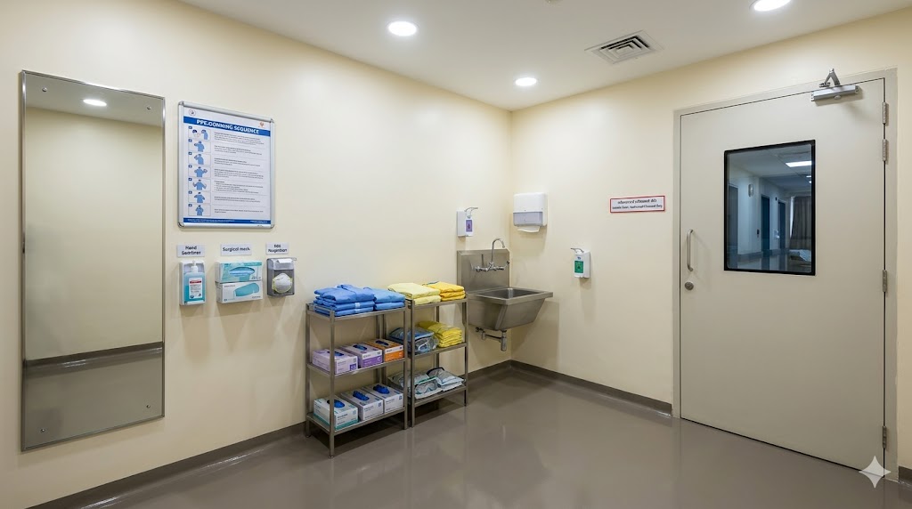 PPE donning anteroom — full-length mirror, donning checklist, PPE supply, hand-wash sink, sealed door to patient zone